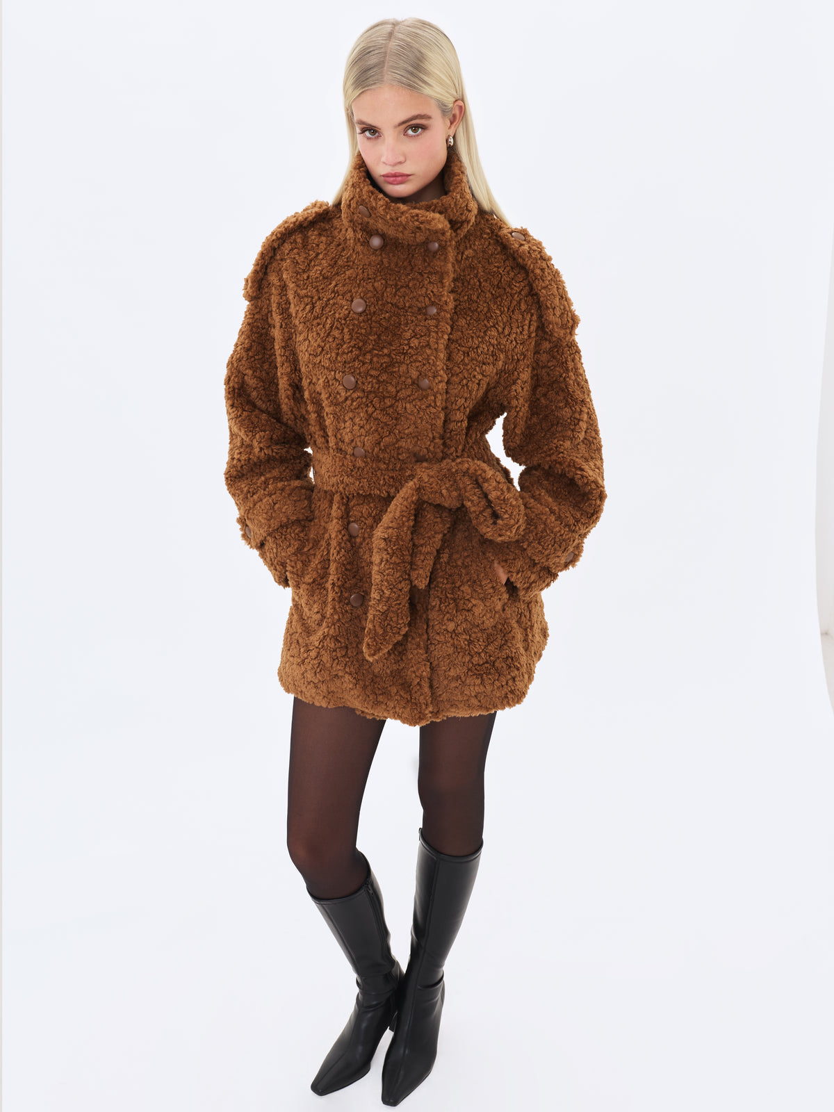 Marlow Chestnut Teddy Fur Funnel Collar Belted Mini Coat