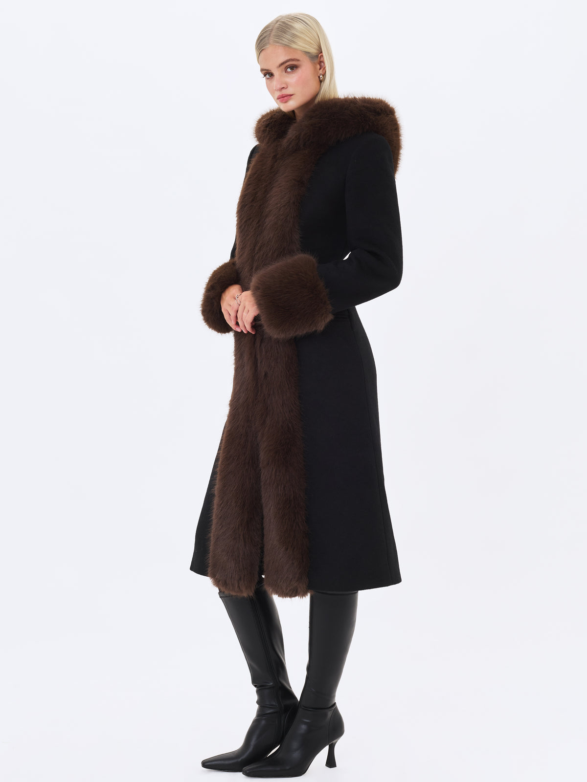 Sloan Black Wool Blend Sculpted Midi Coat with Fur Hood