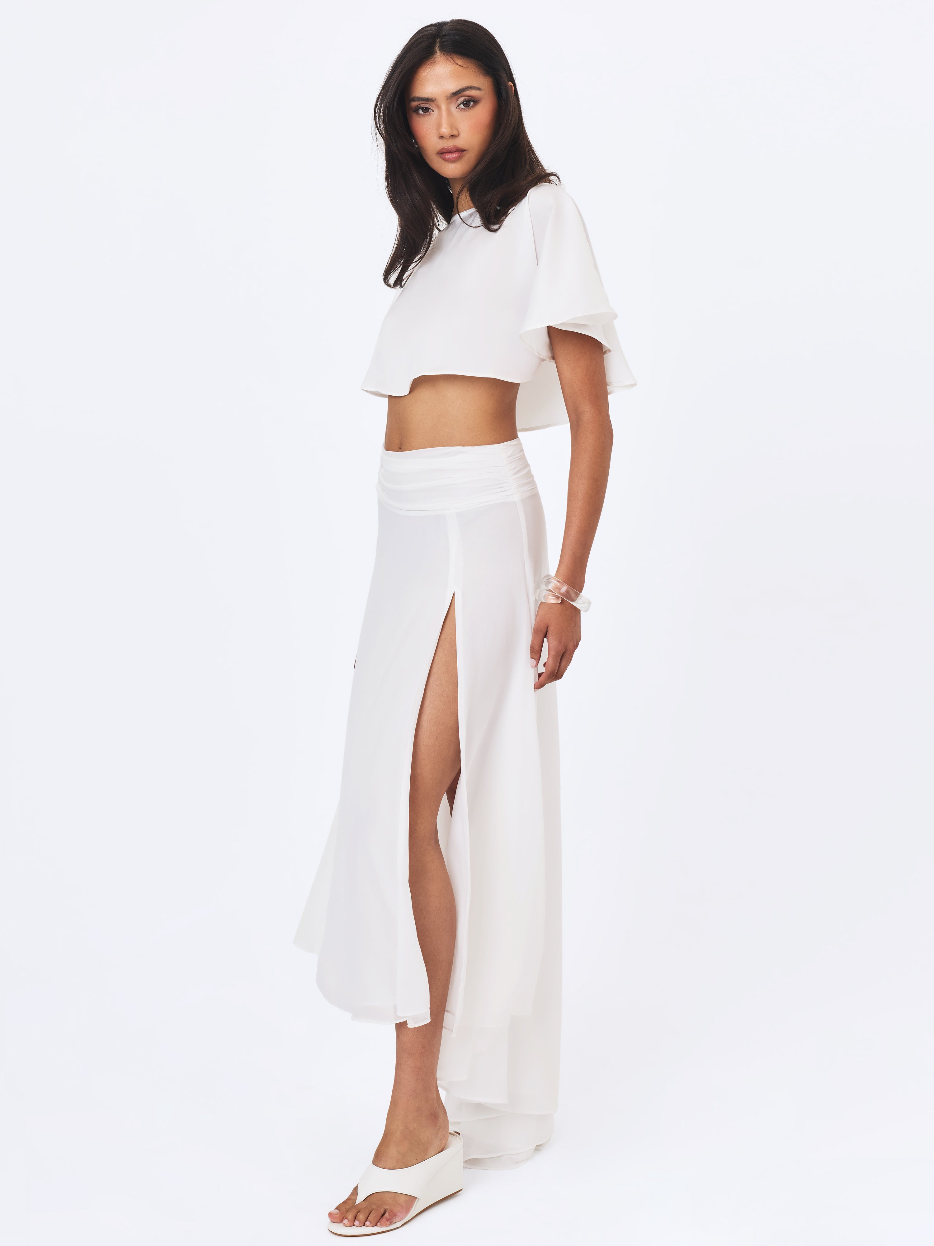 Yarae White Satin Boat Neck Cape Top