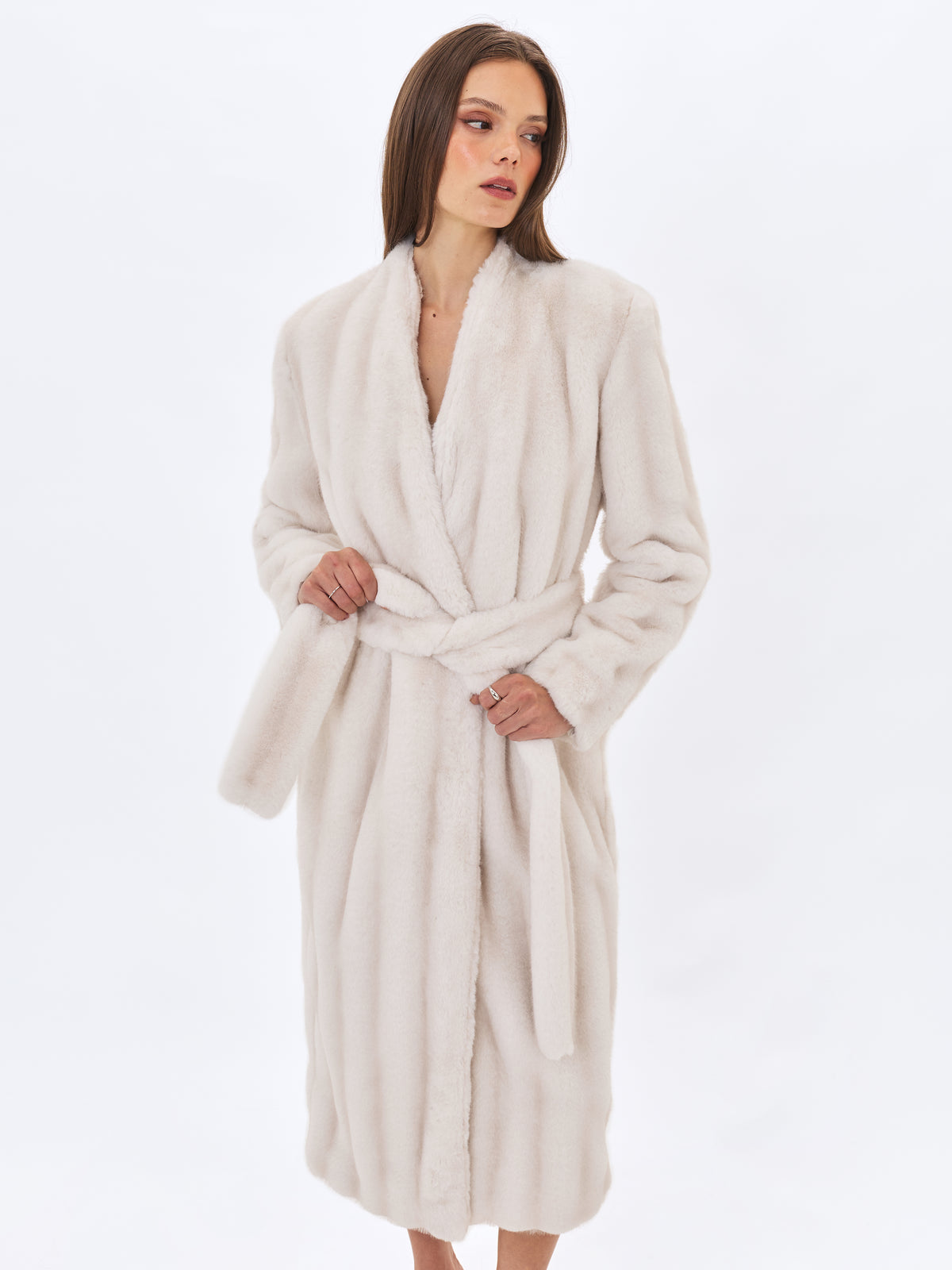 Celine Soft White Faux Mink Belted Longline Coat