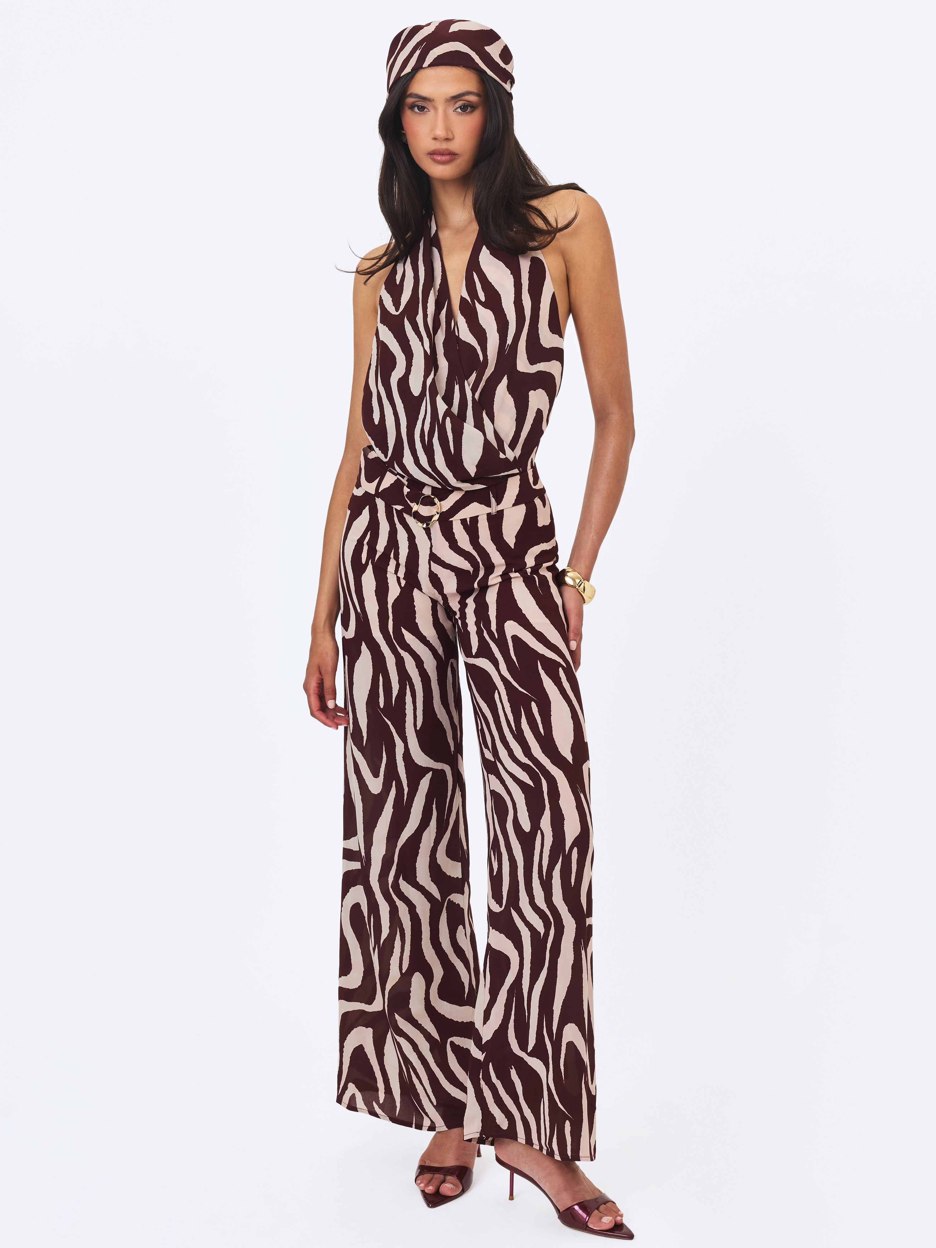 Ashlyn Burgundy & Beige Abstract Zebra Print Belted Halter Jumpsuit
