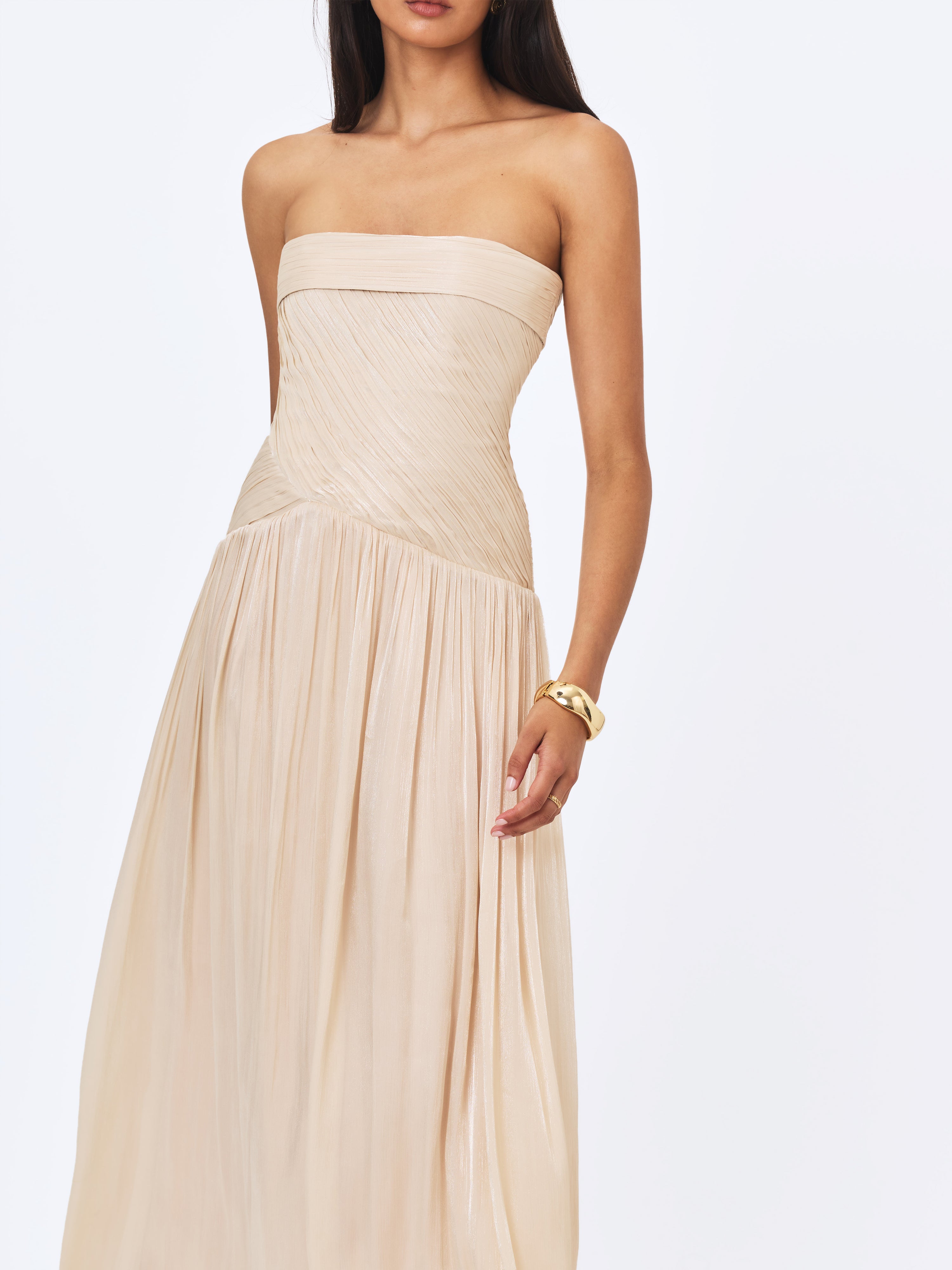Olivine Light Beige Crystal Organza Strapless Maxi Dress