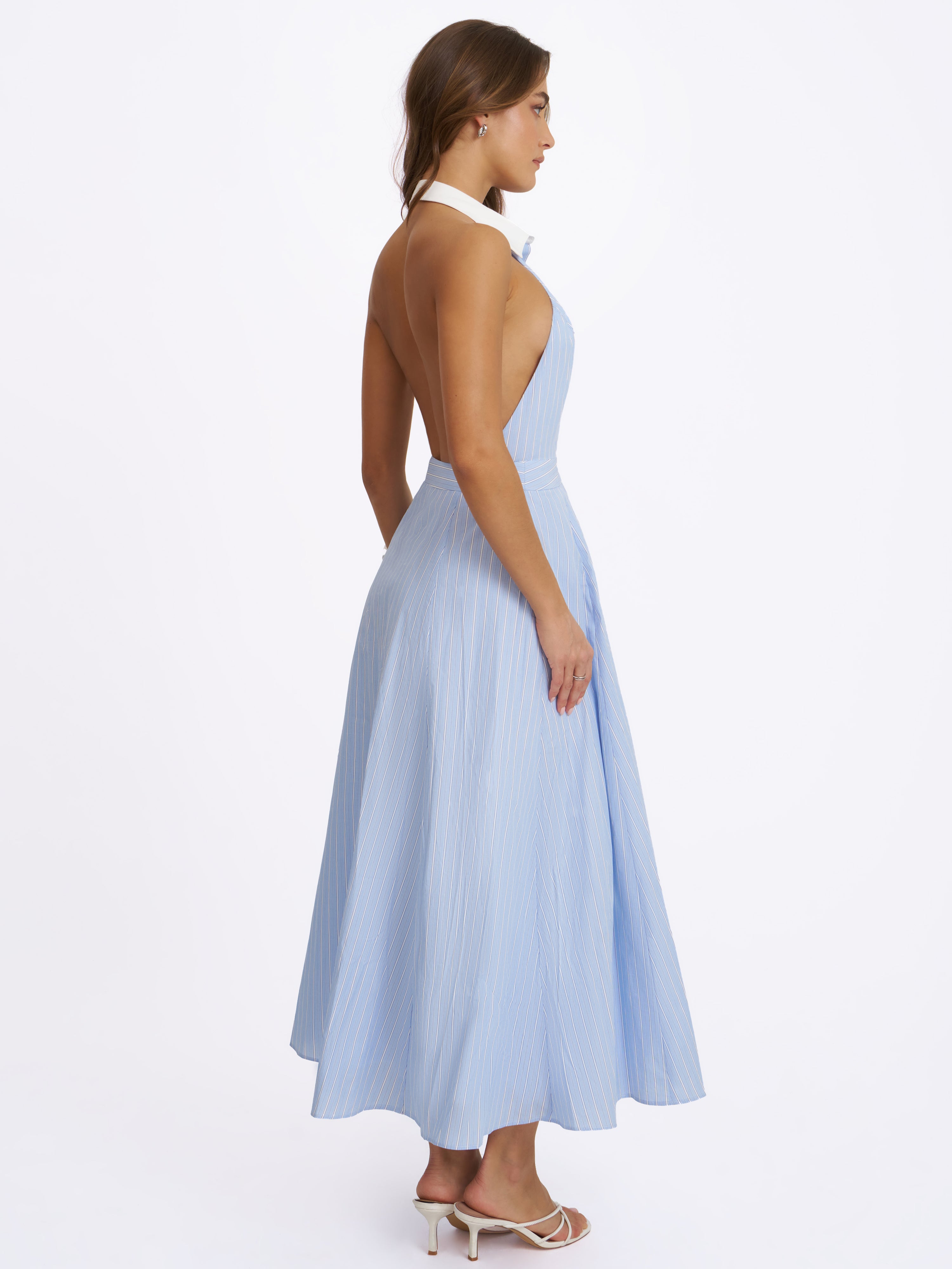 Winslet Sky Blue Striped Cotton Poplin Halter Maxi Dress
