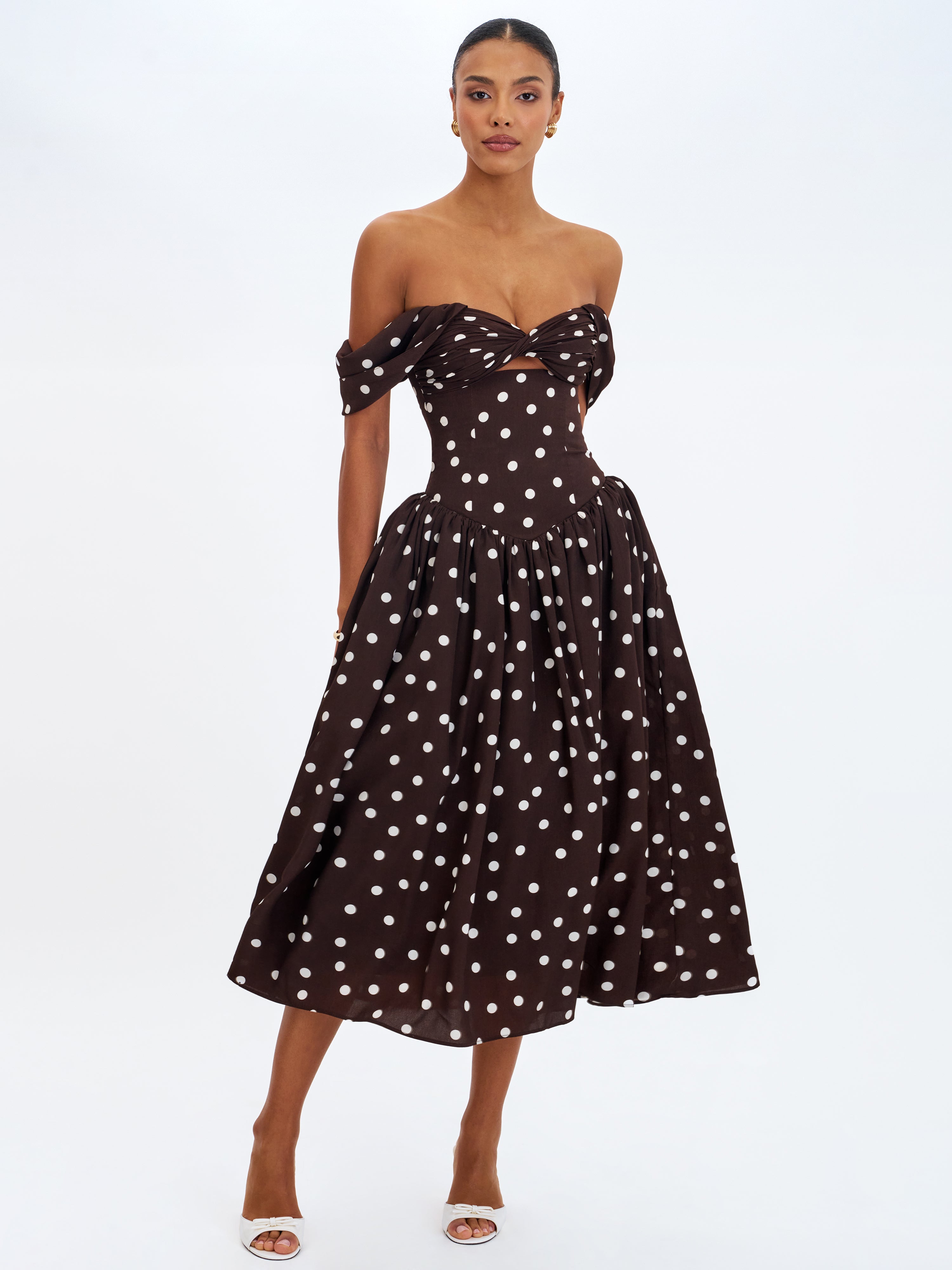 Xandie Mocha Polka Dot Off-Shoulder Midi Dress L / 8-10 Xandie Mocha Polka Dot Off-Shoulder Midi Dress L / 8-10