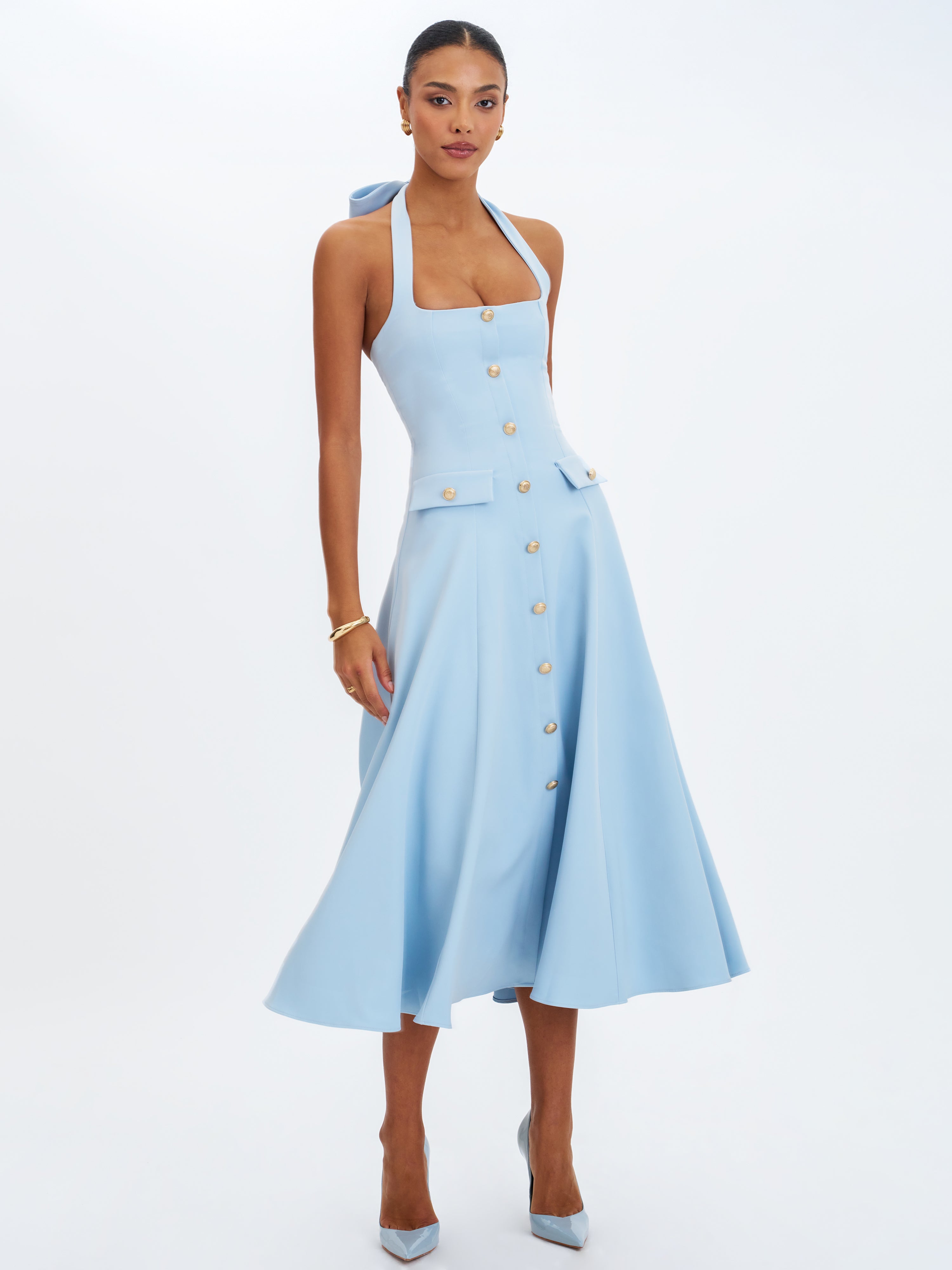 Gillian Mist Blue Halter A-Line Midi Dress