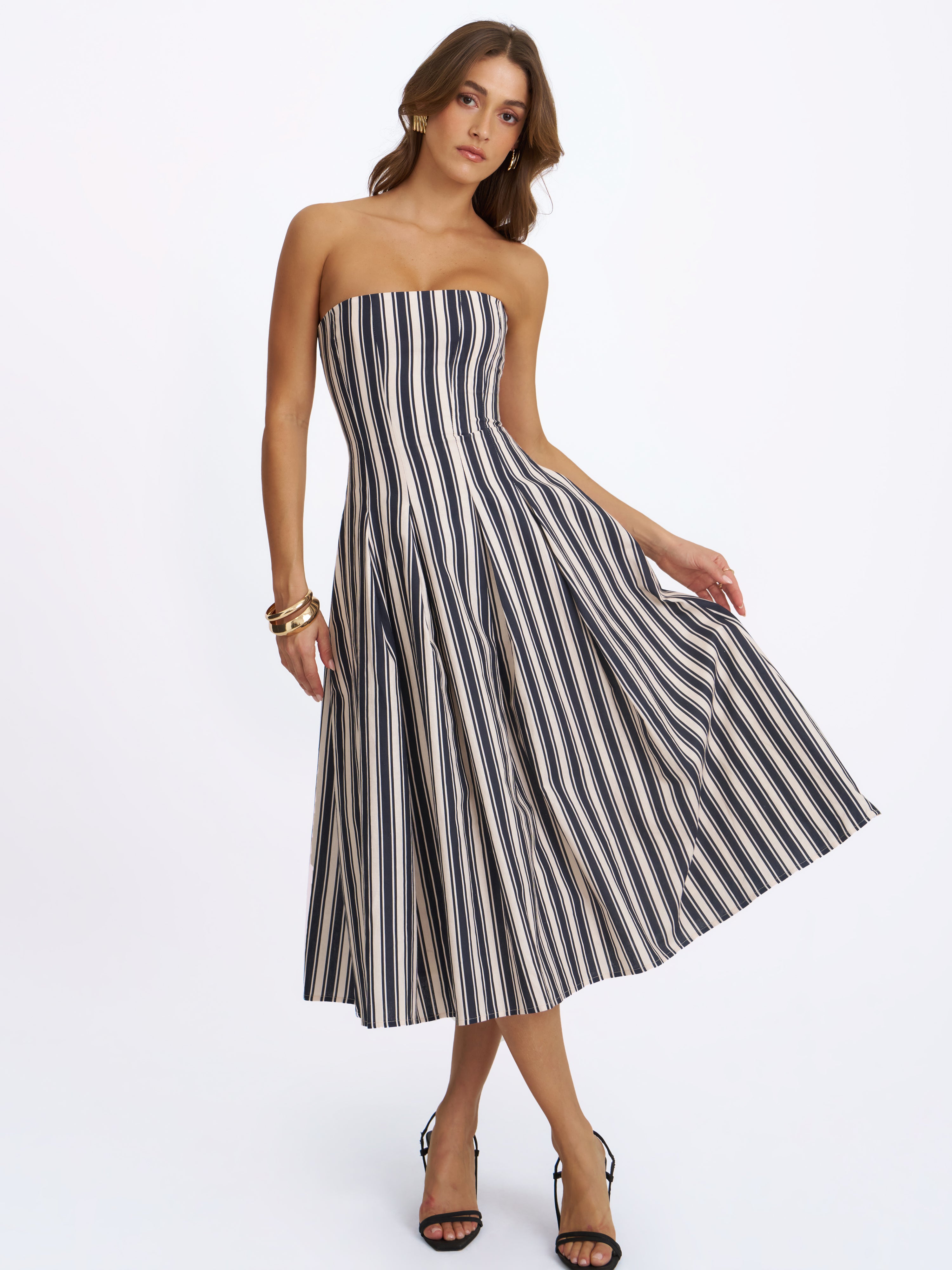 Wyanne Black & White Linen Striped Strapless Midi Dress