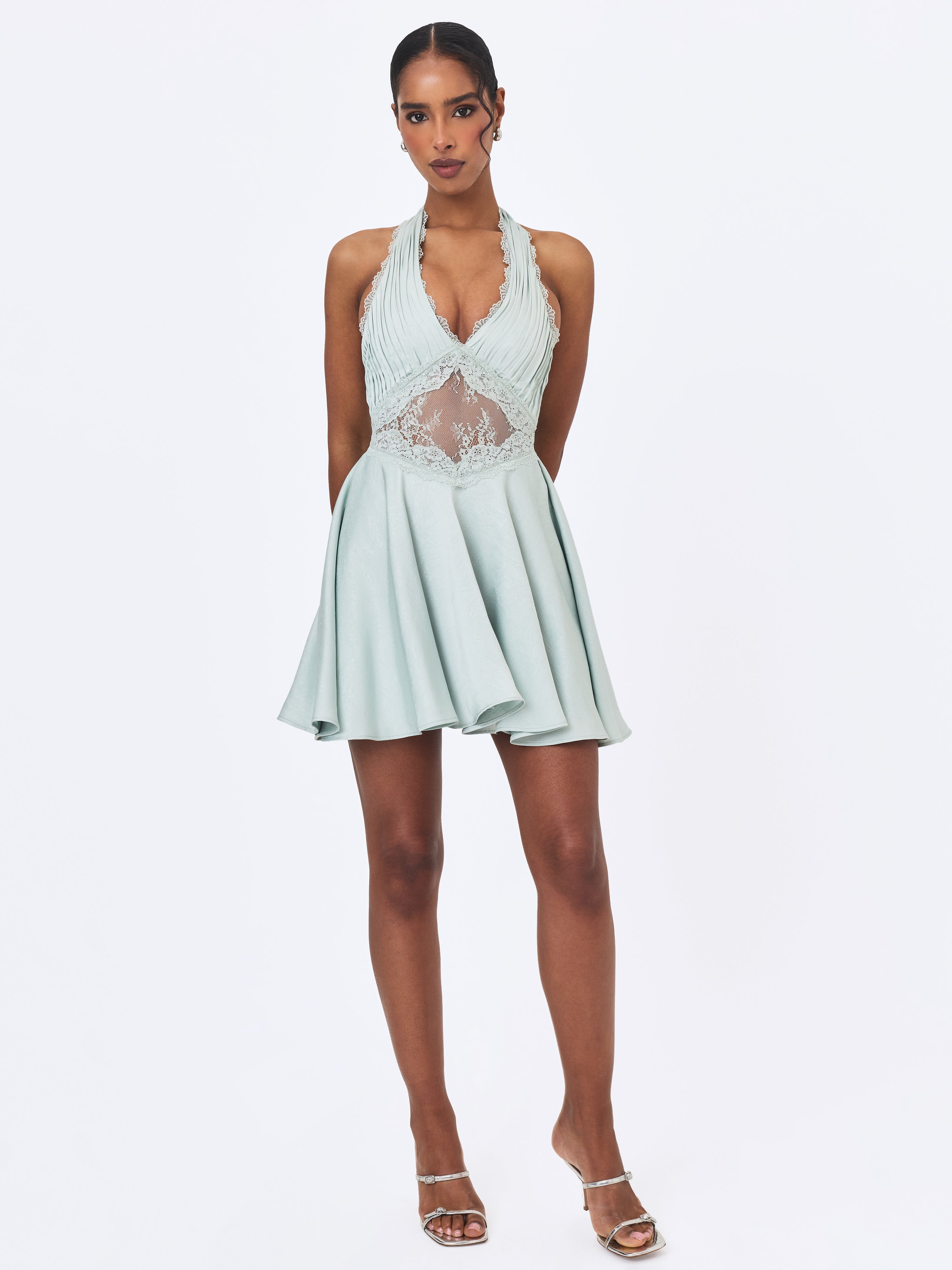 Rianna Light Sage Crinkle Satin Halter Mini Dress
