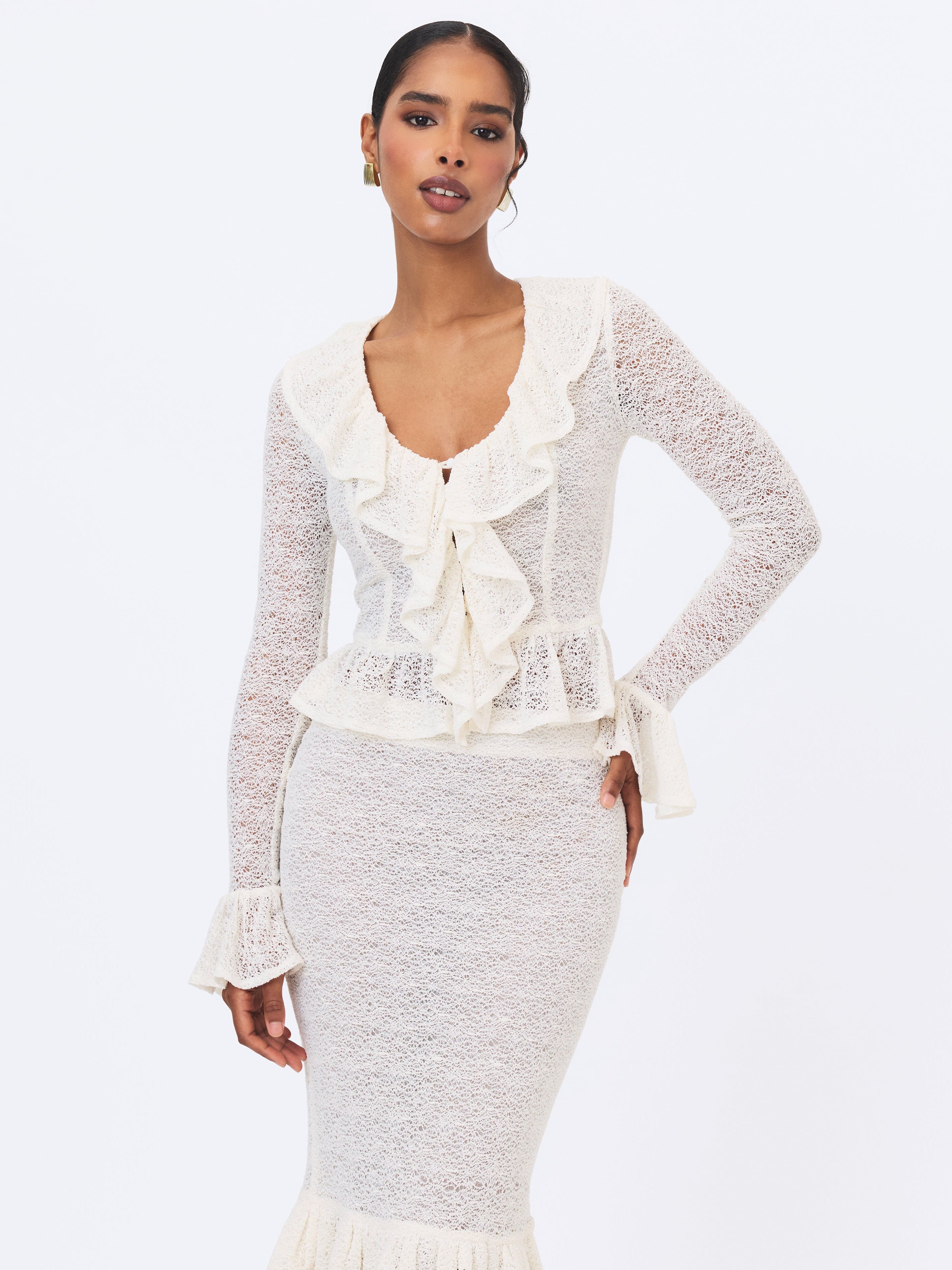 Urva Ivory Crochet Ruffle Front Button Top