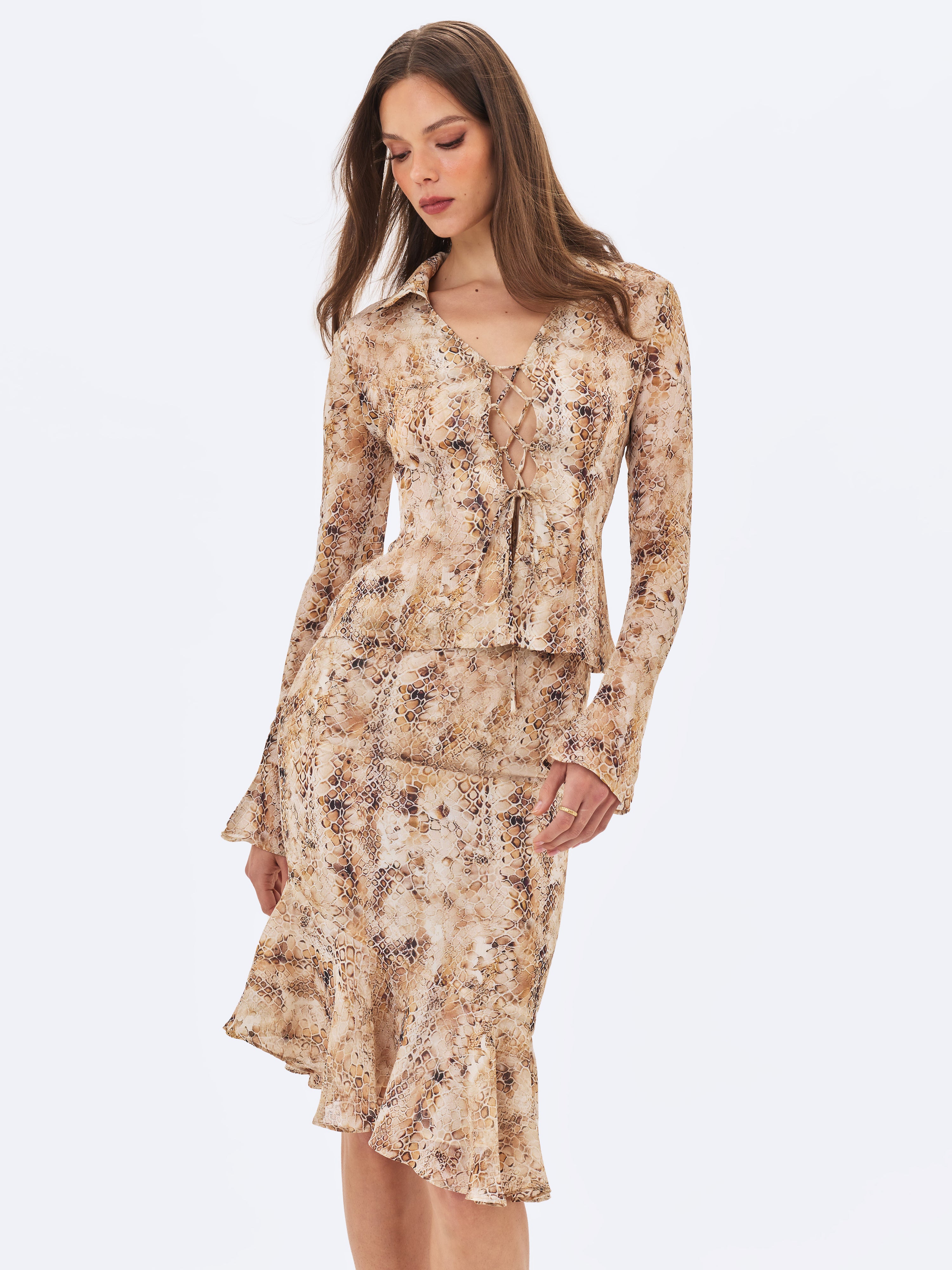 Umara Tan Reptile Print Chiffon Tie-Front Top