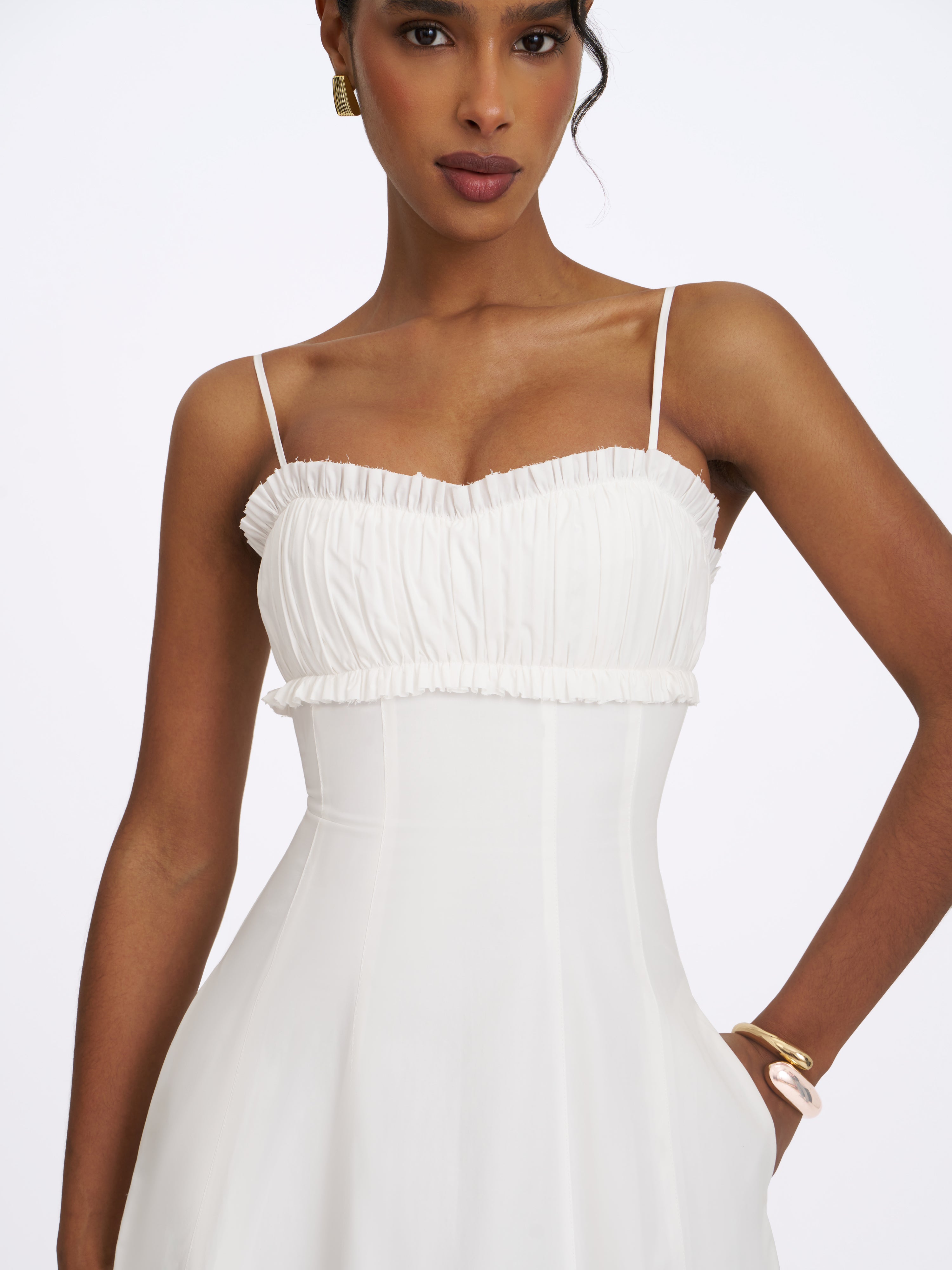 Vicenta White Cotton Poplin Ruched Midi Dress
