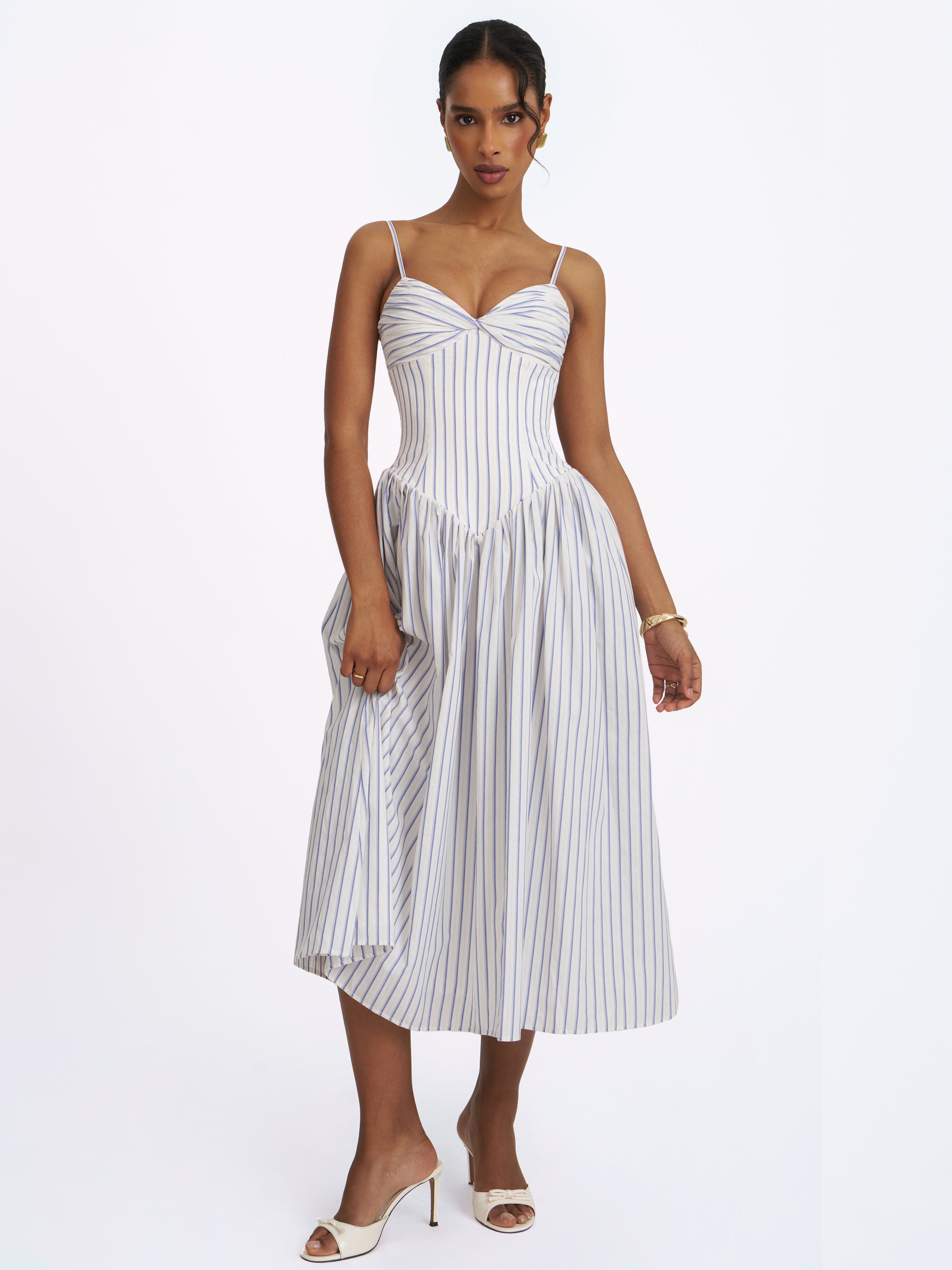 cotton poplin midi dress Olea Sky Blue Striped Cotton Poplin Ruched Midi Dress