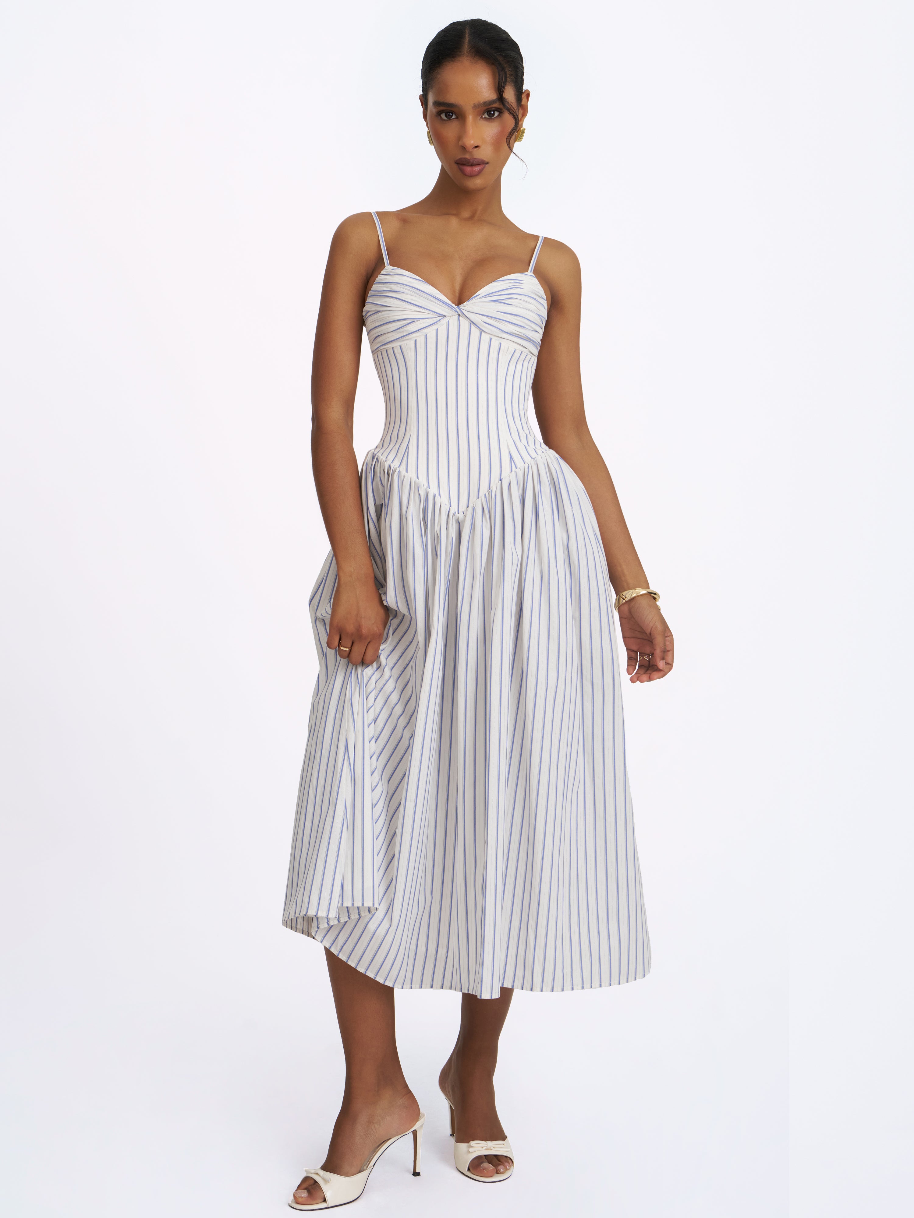 Olea Sky Blue Striped Cotton Poplin Ruched Midi Dress