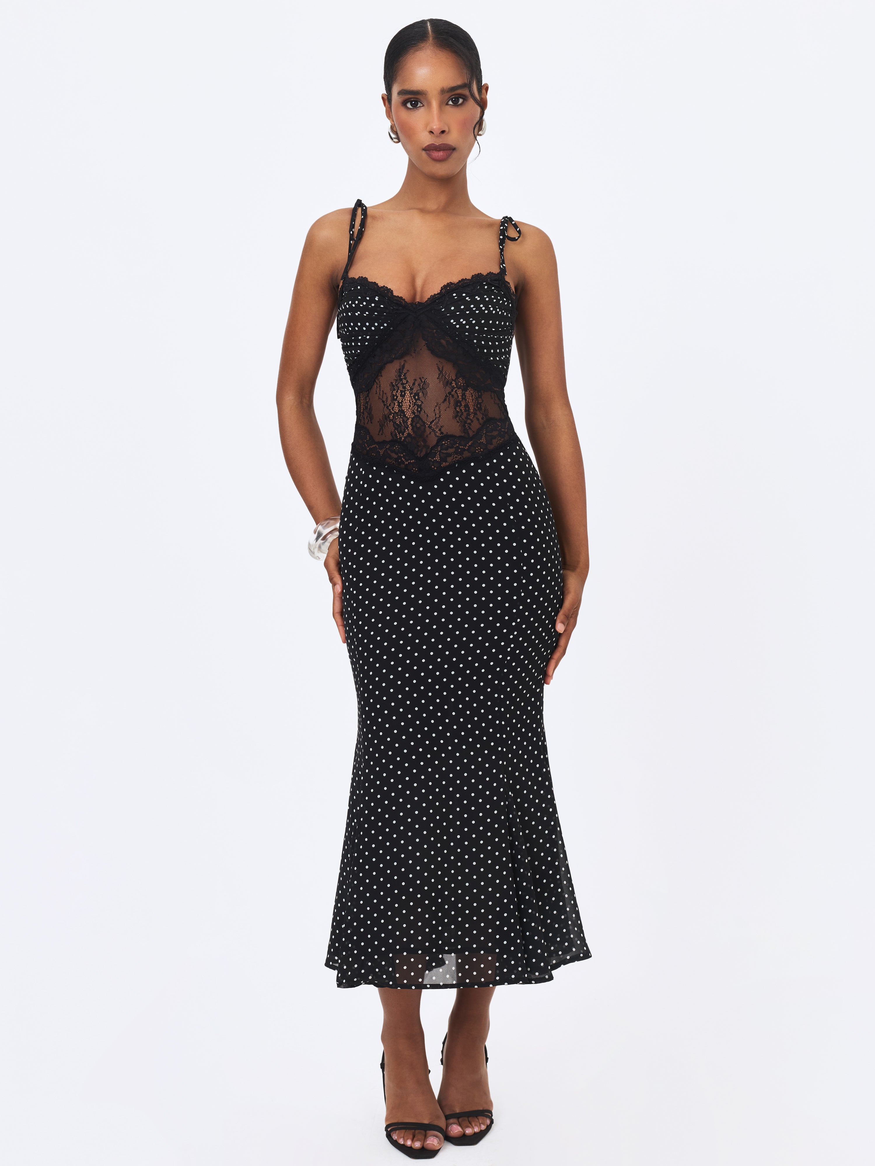 Zehra Black Polka Dot Chiffon Lace Cutout Mermaid Midi Dress