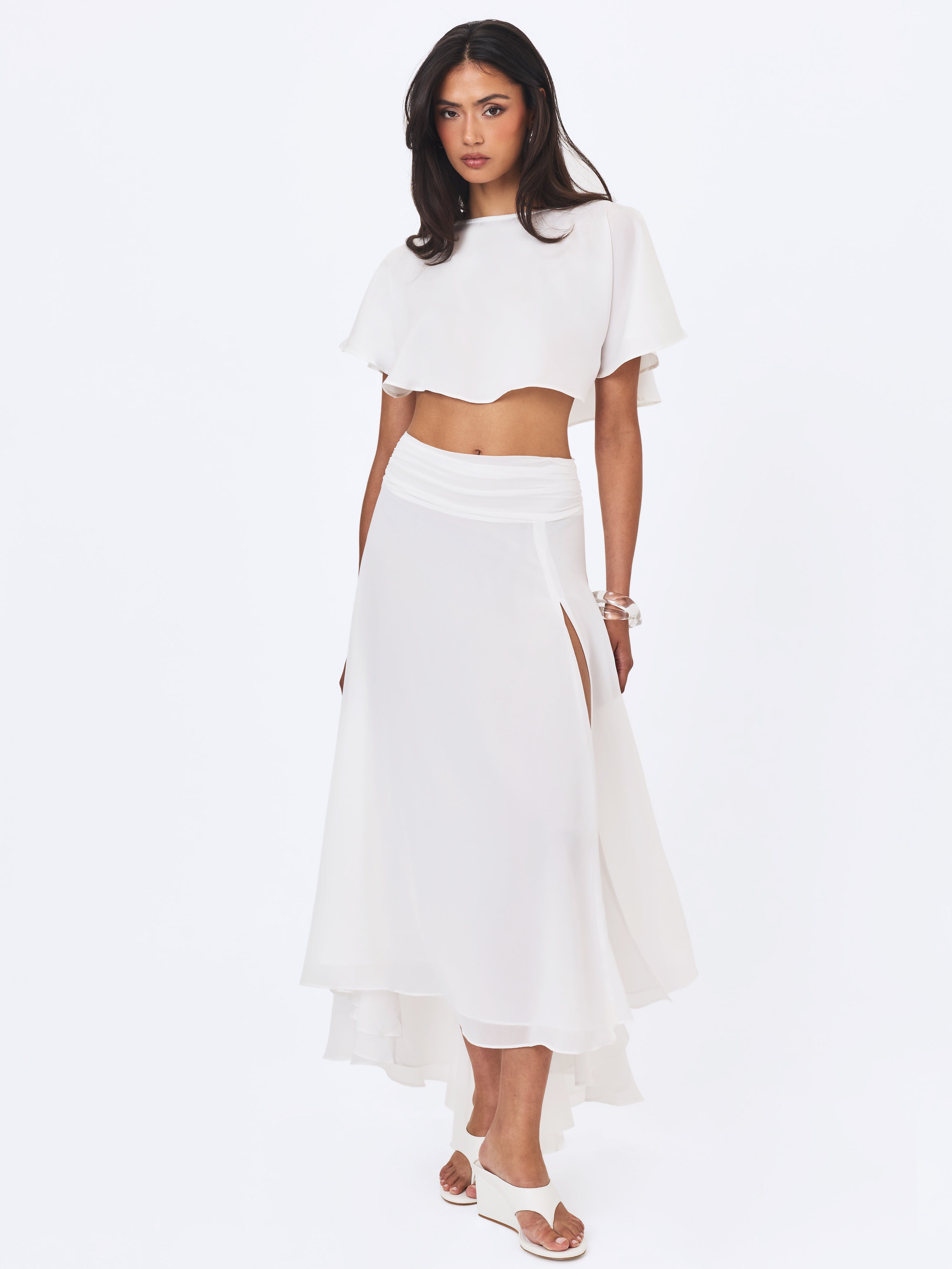 Yarae White Satin Boat Neck Cape Top