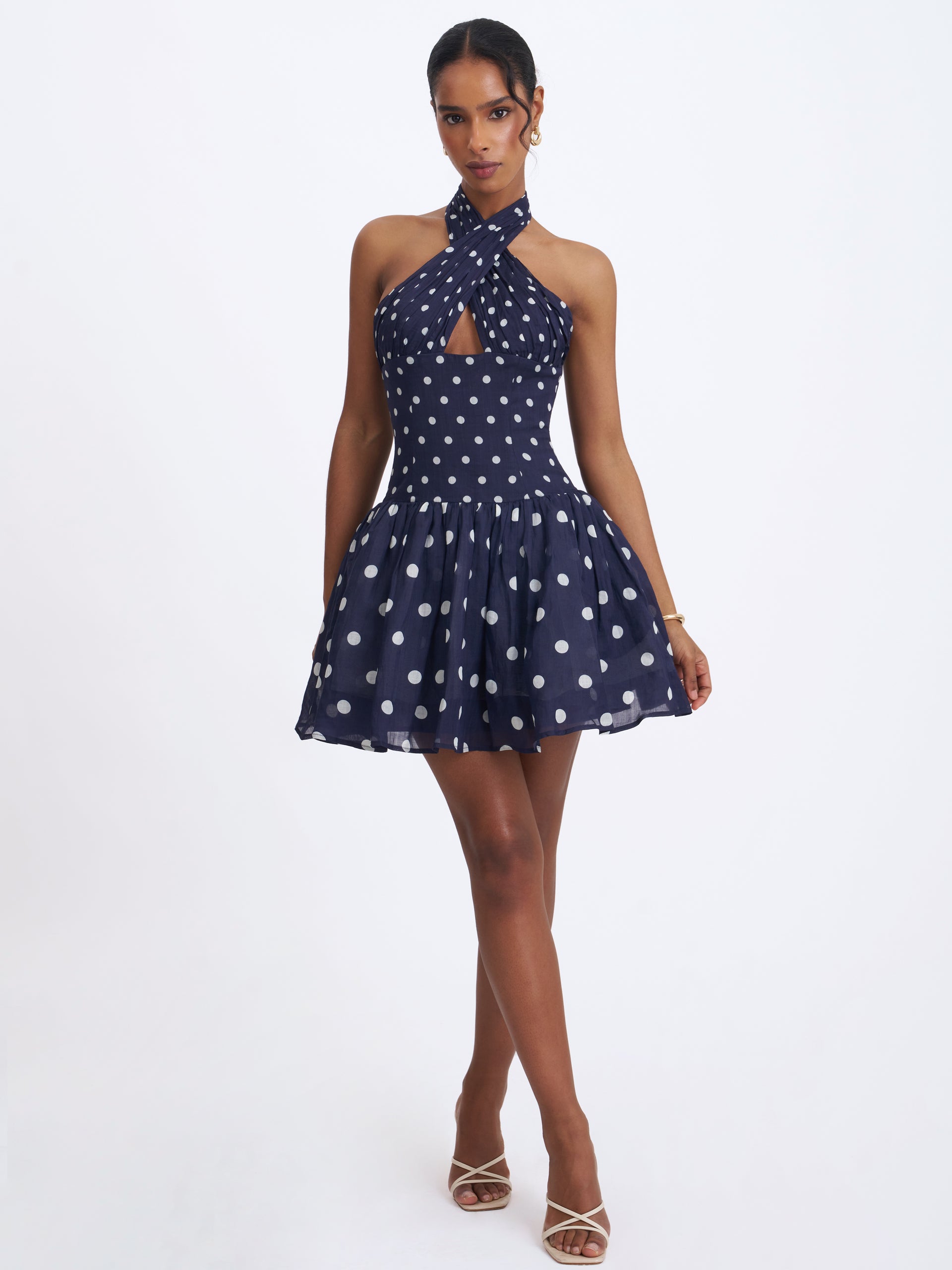 halter top polka dot dress Yamina Navy Polka Dot Ramie Crossover Halter Gathered Mini Dress