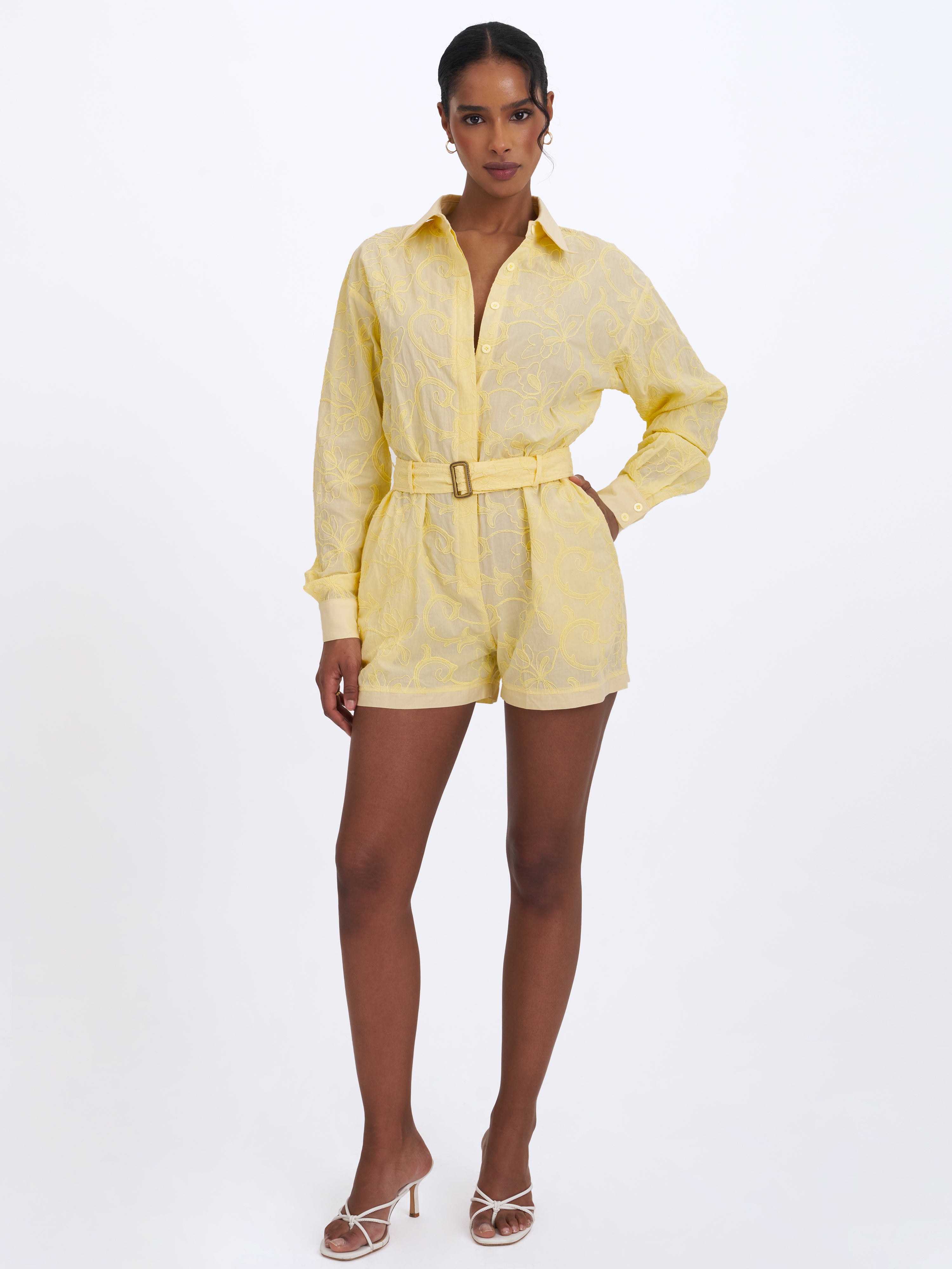 Malou Lemon Yellow Embroidered Poplin Belted Shirt Romper