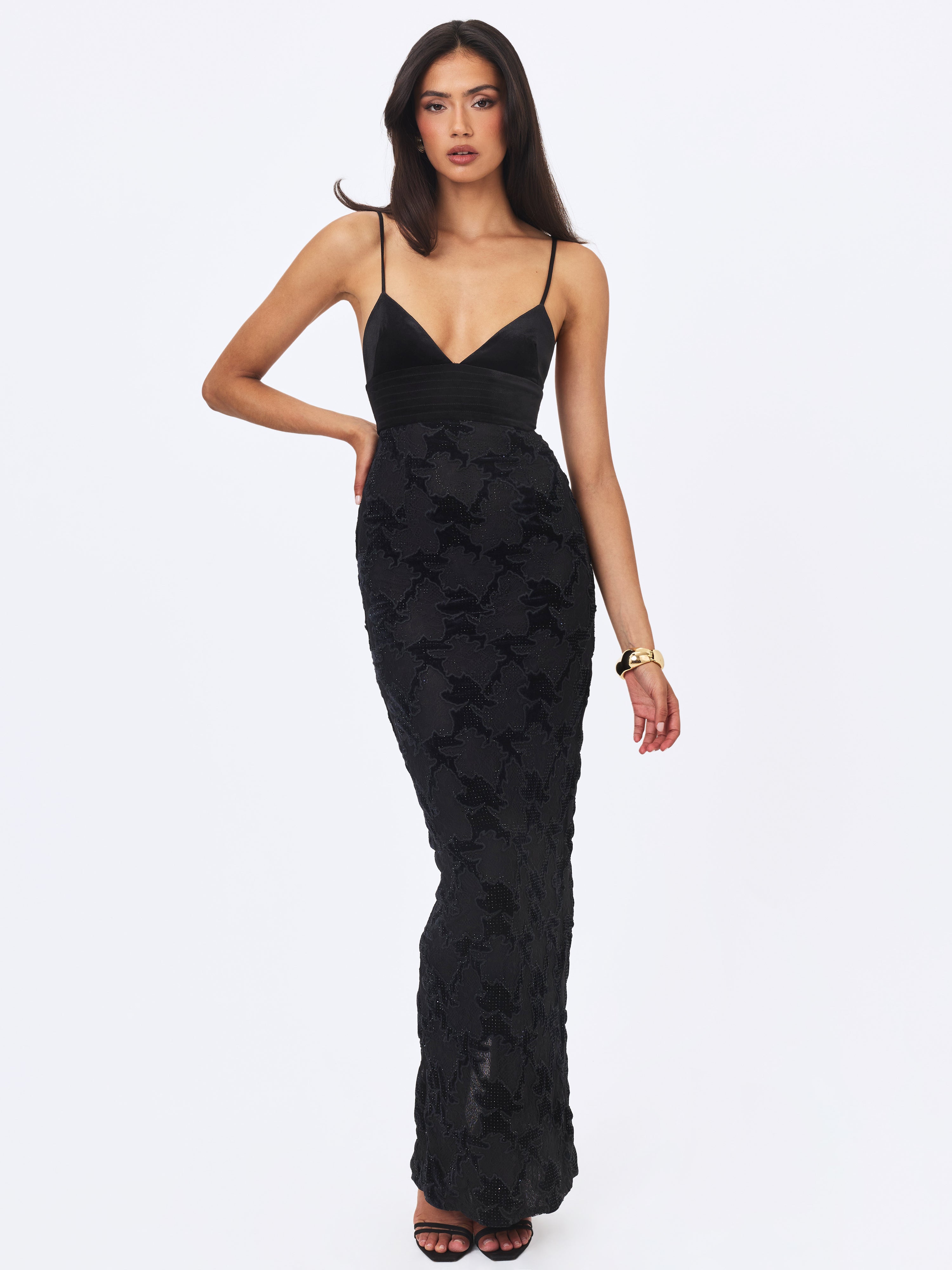 Quinsley Black Velvet Crystal Lace Maxi Dress