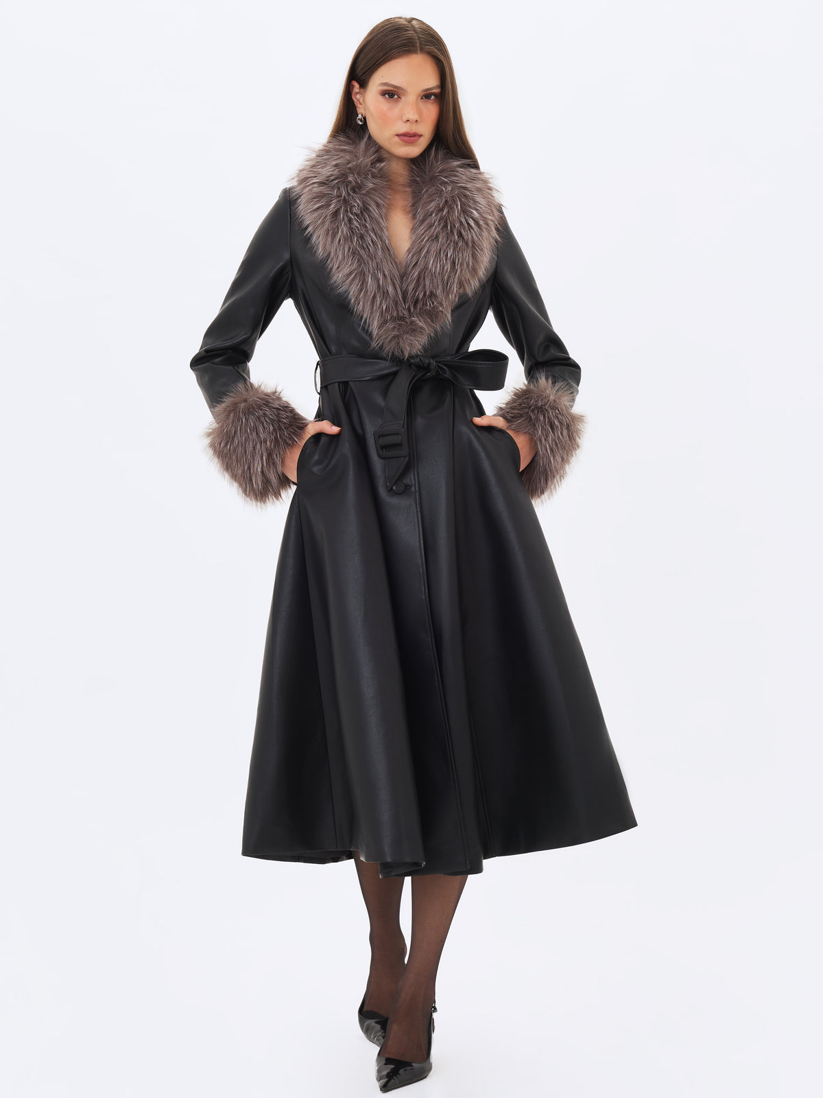 Nico Black Faux Leather Fur-Trimmed Belted A-Line Midi Coat