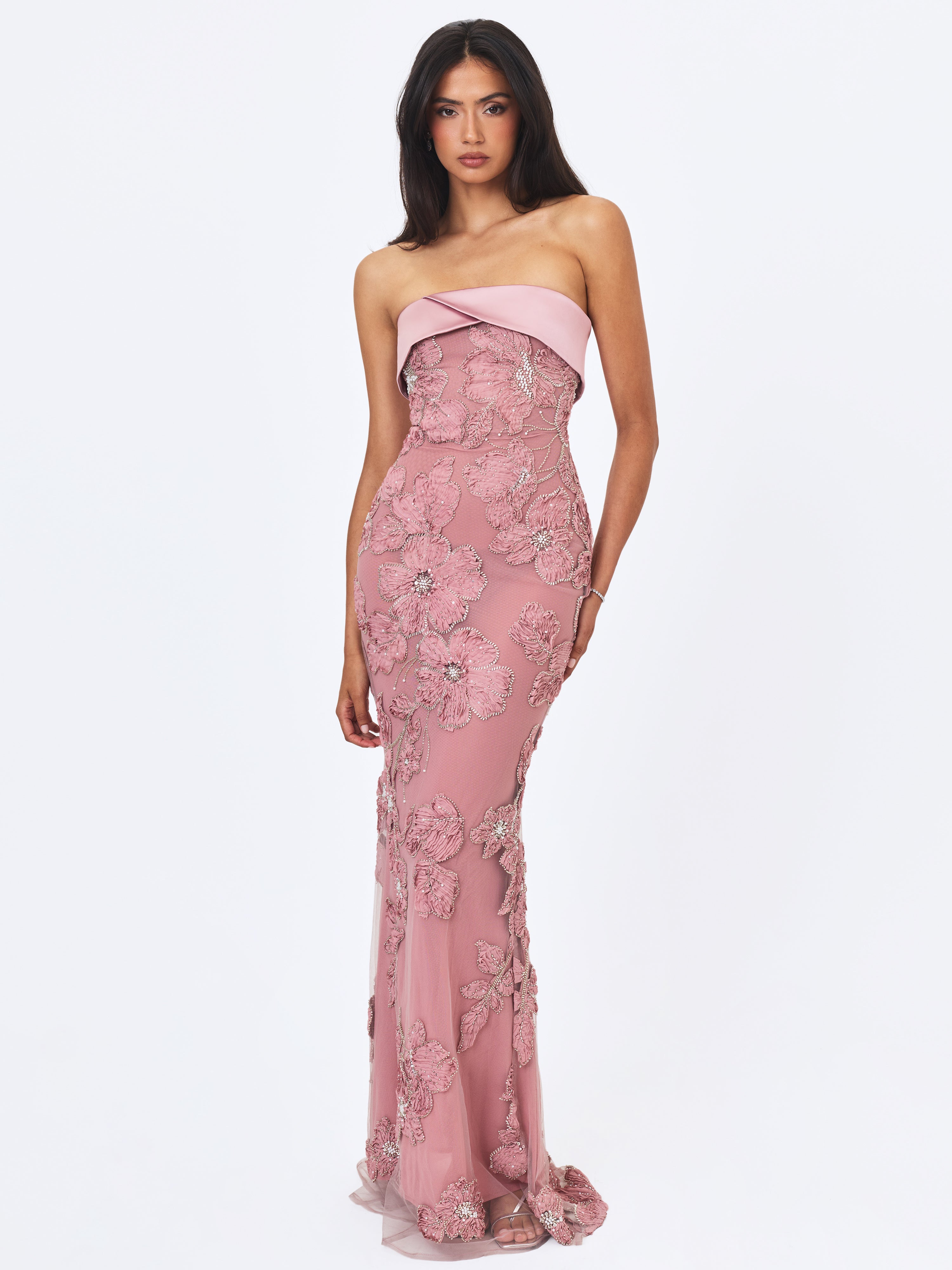 Raphaela Dusty Pink Beaded Floral Strapless Mermaid Maxi Dress