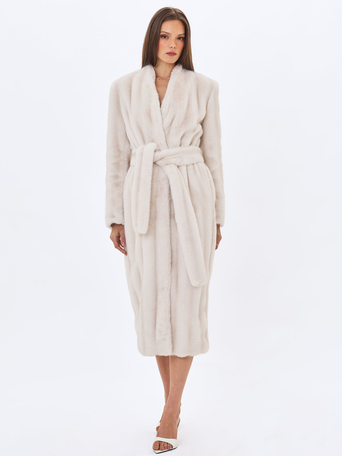 Celine Soft White Faux Mink Belted Longline Coat