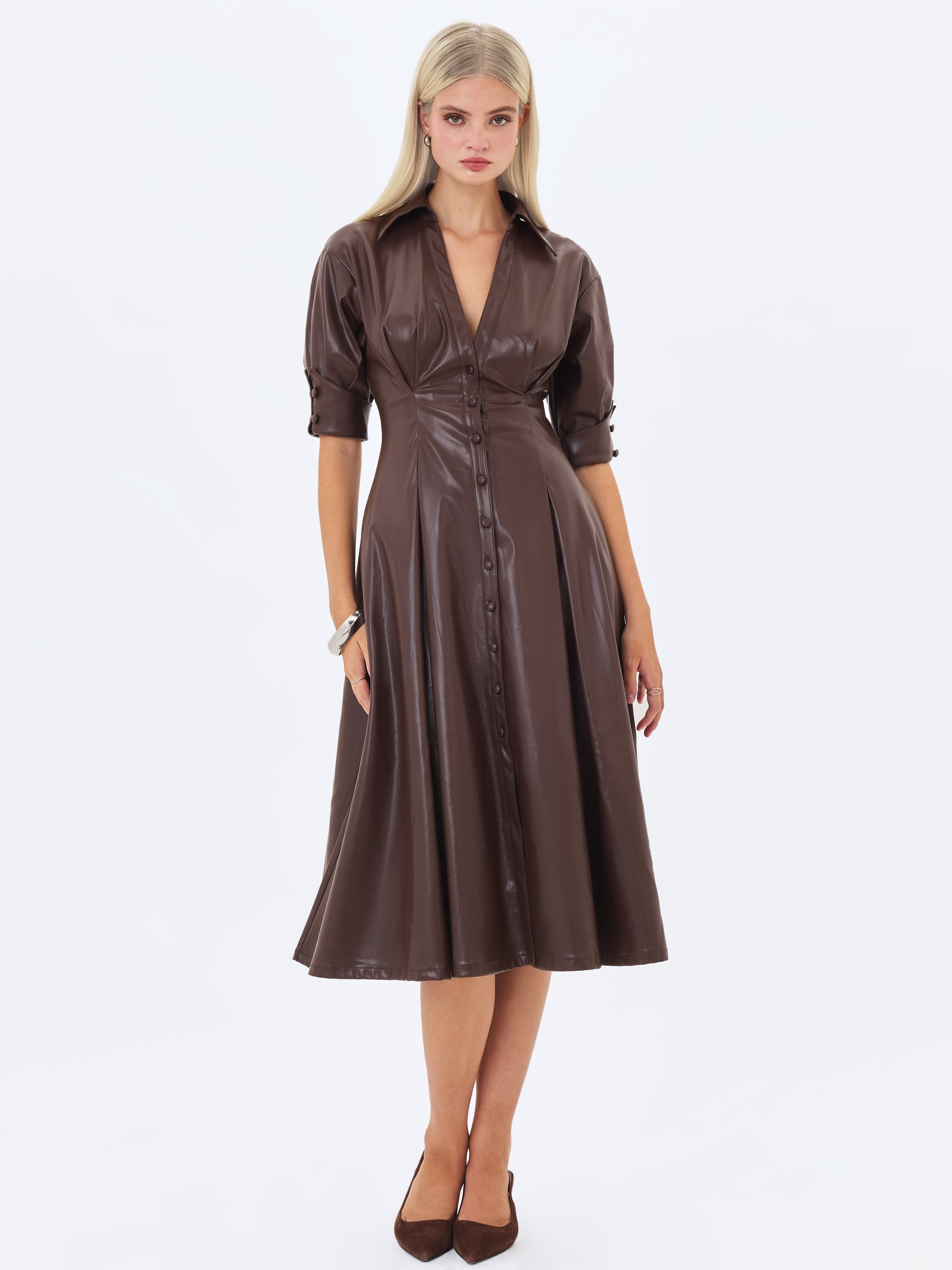 Vilda Espresso Brown Faux Leather Pleated Midi Dress