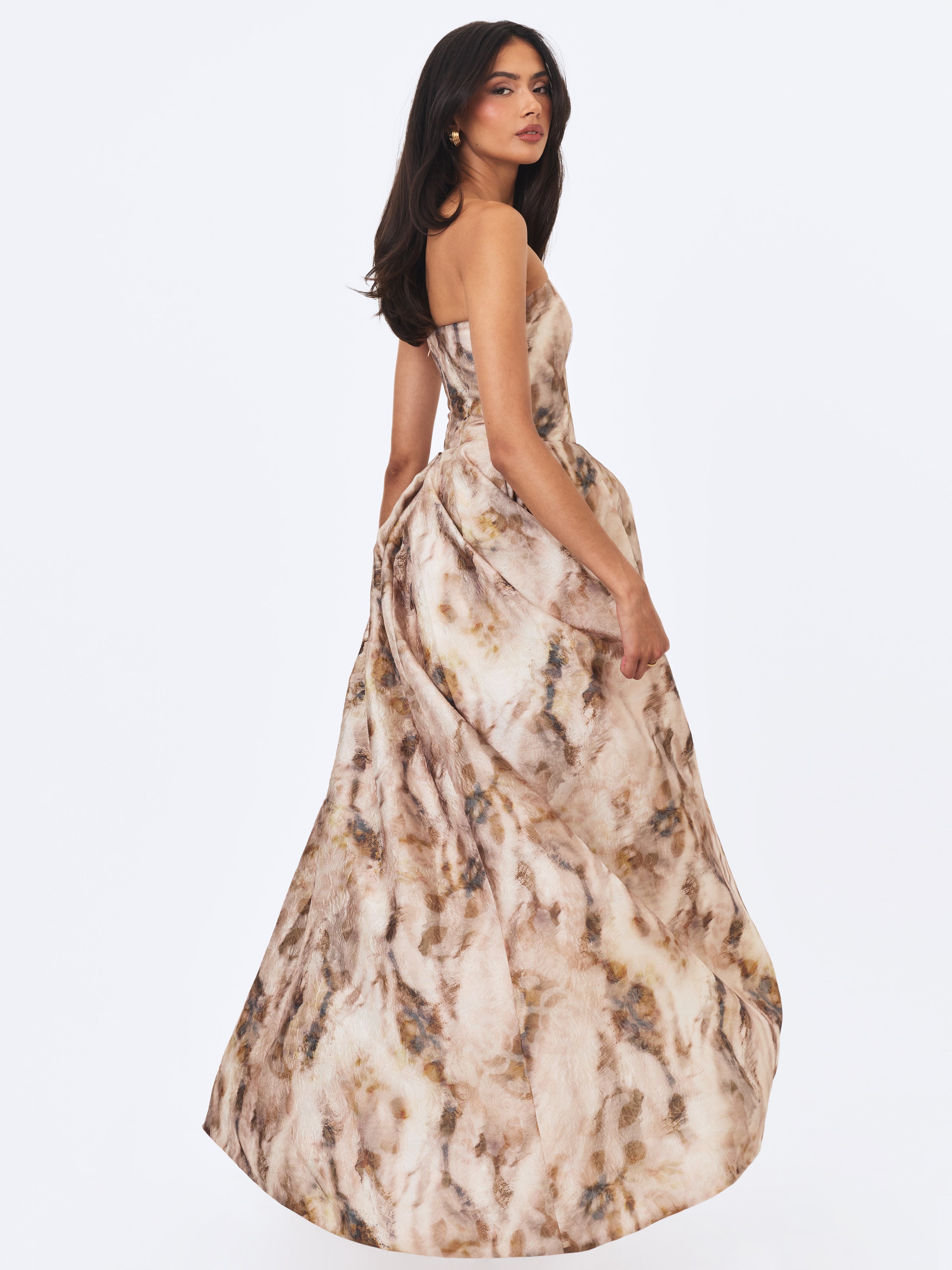 Micaela Camel Watercolor Jacquard Chiffon Dipped Hem Gown