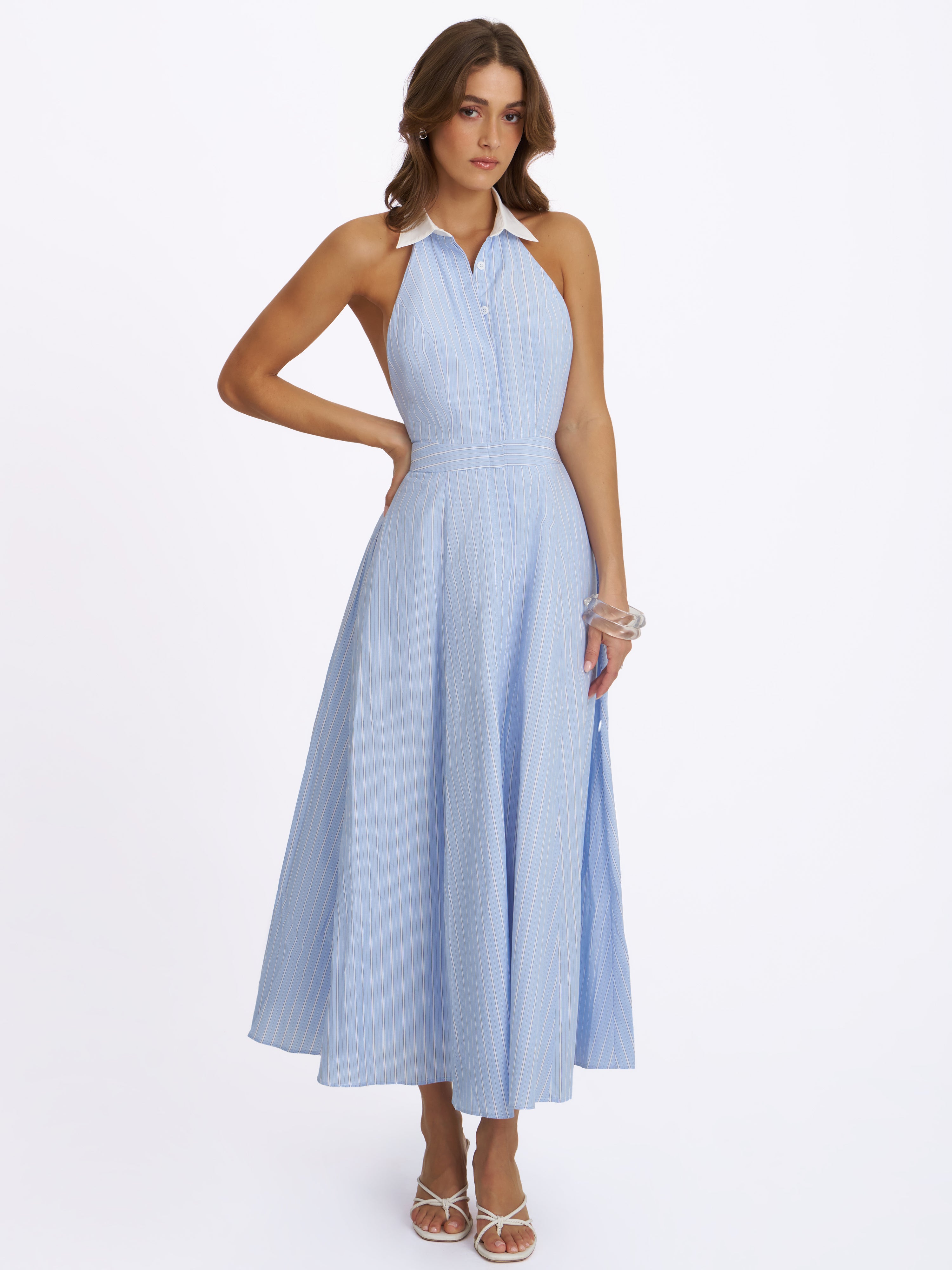 Winslet Sky Blue Striped Cotton Poplin Halter Maxi Dress