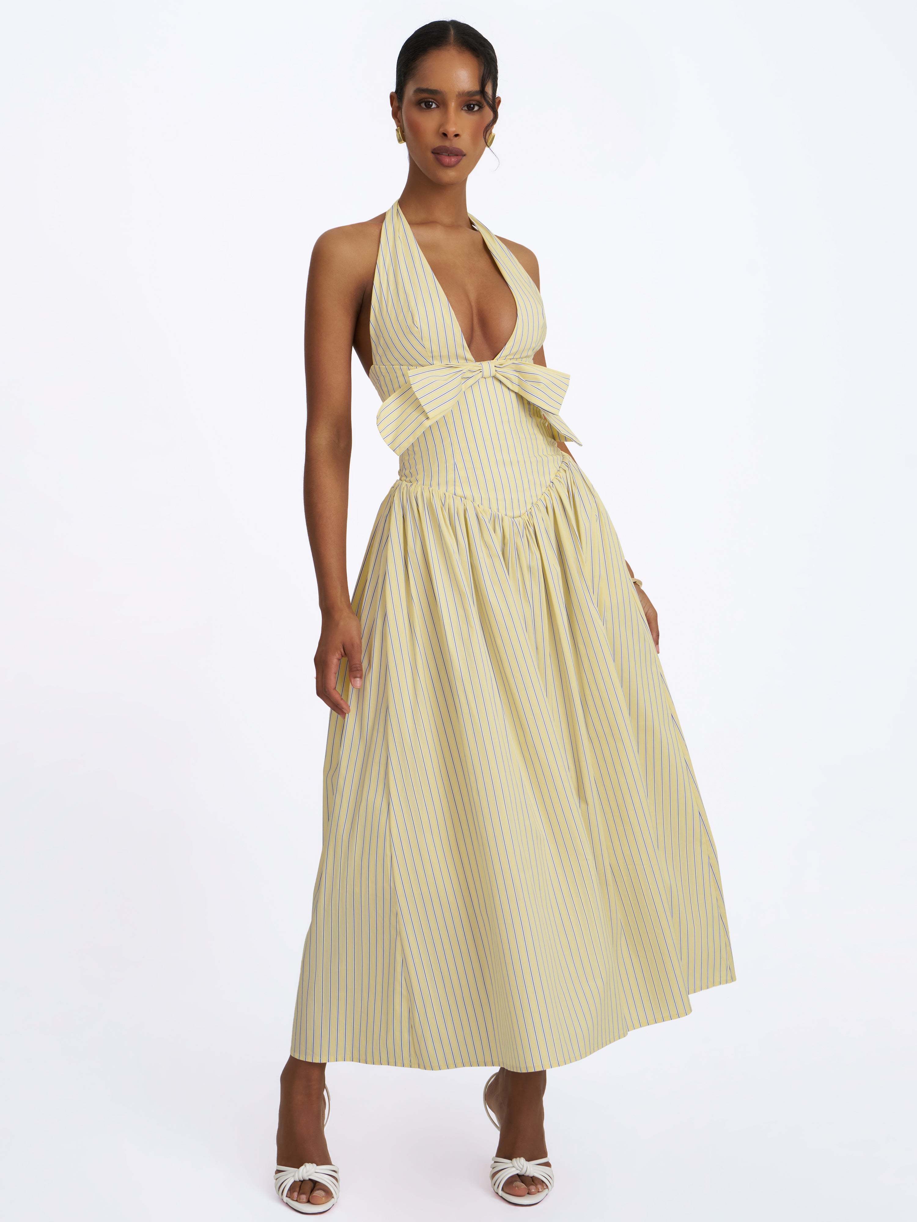 Talise Lemon Yellow Cotton Poplin Stripe Plunging Halter Maxi Dress
