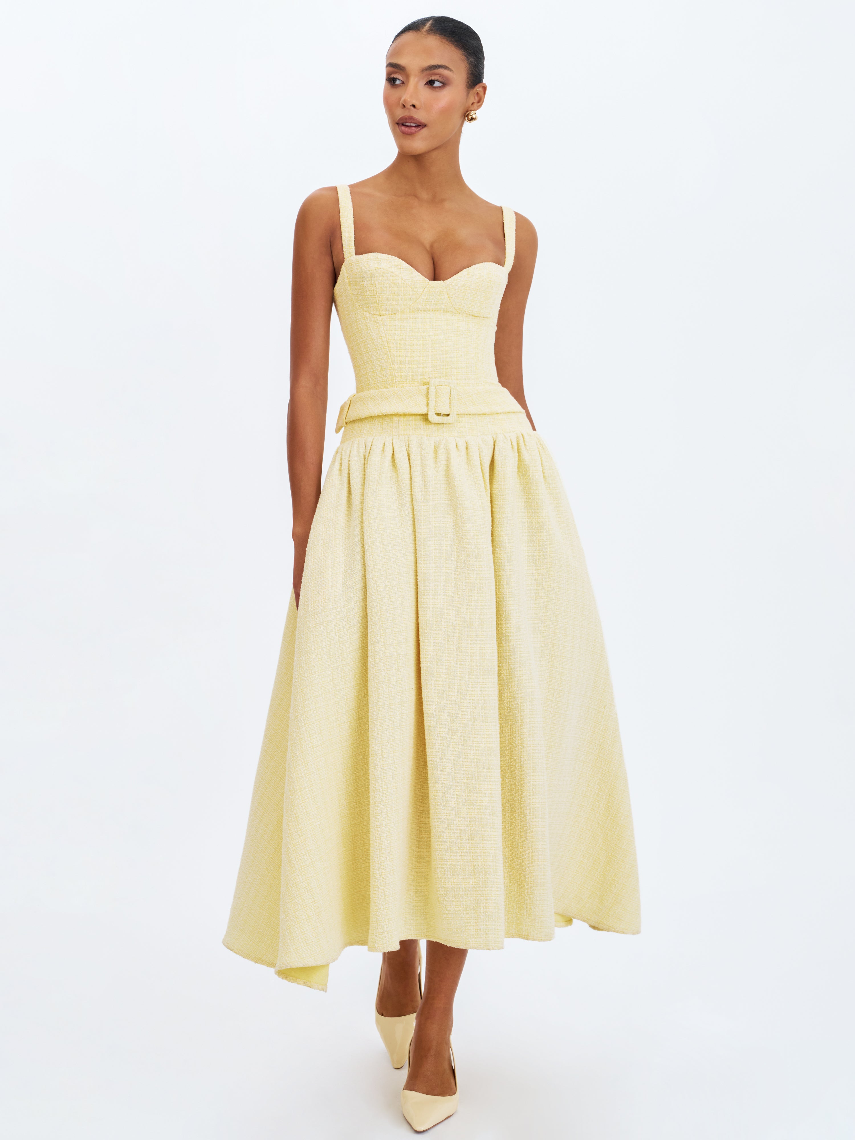 Tiana Butter Yellow Sweetheart Belted Midi Dress