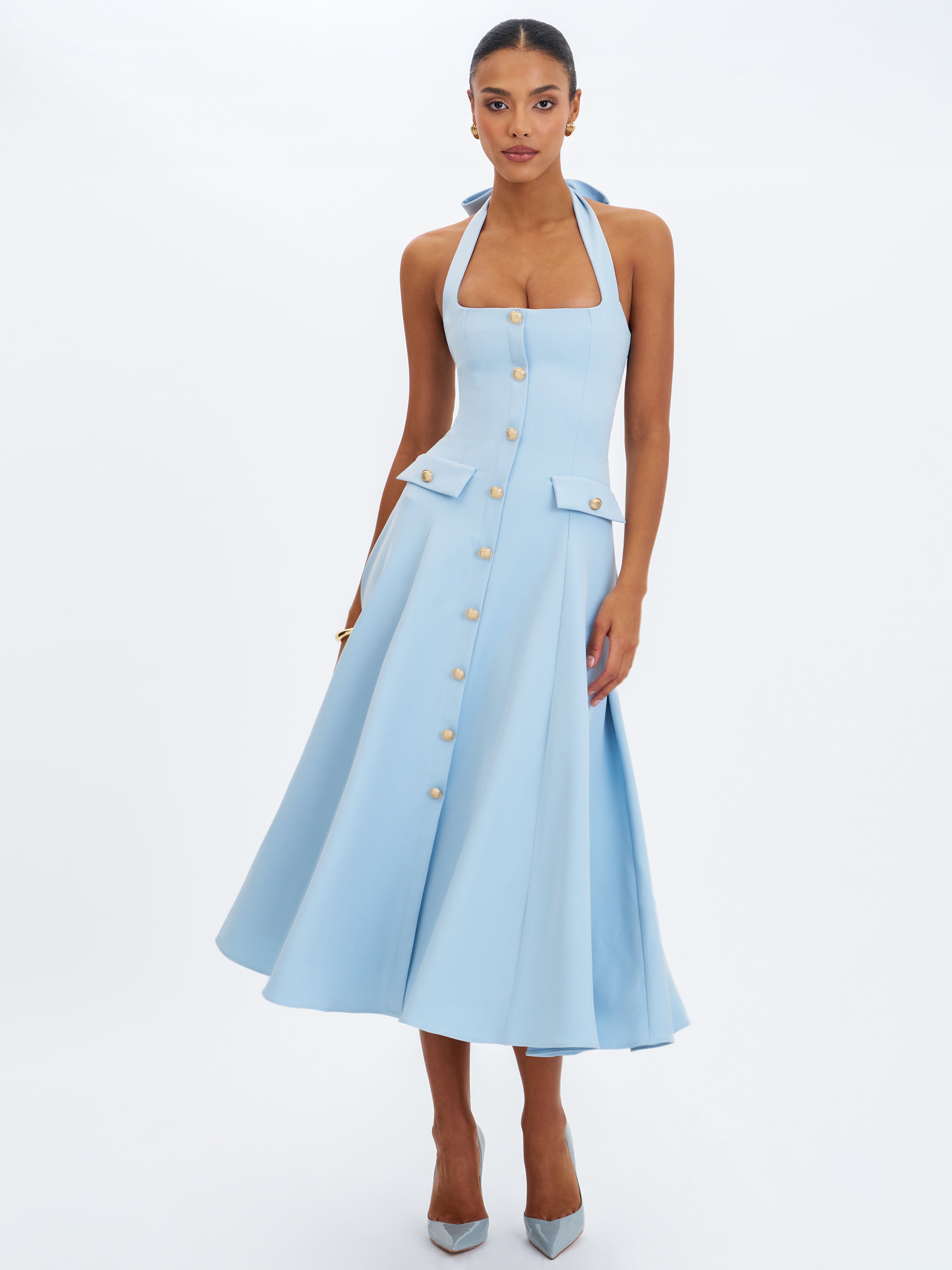 Gillian Mist Blue Halter A-Line Midi Dress