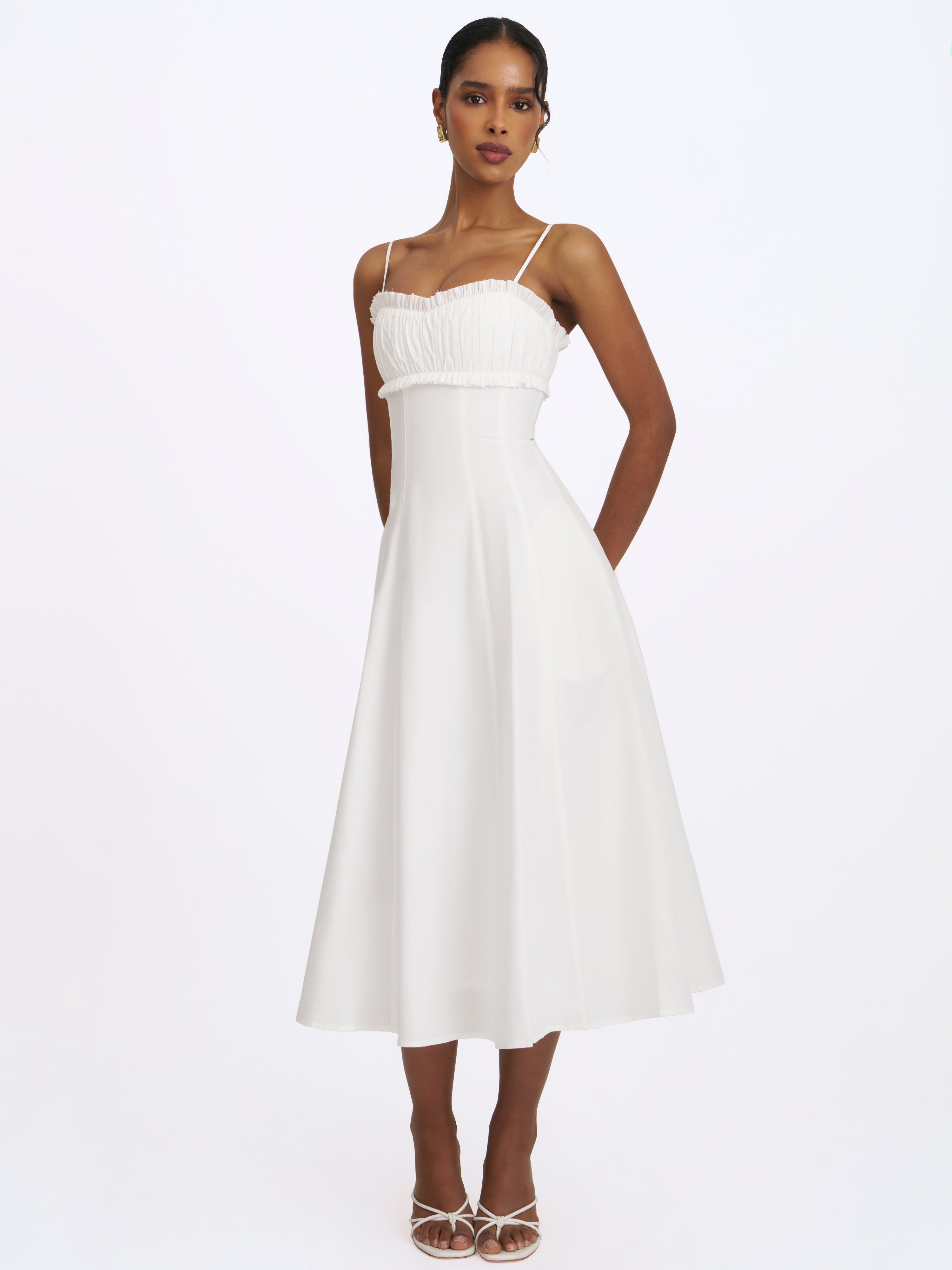 Vicenta White Cotton Poplin Ruched Midi Dress Vicenta White Cotton Poplin Ruched Midi Dress