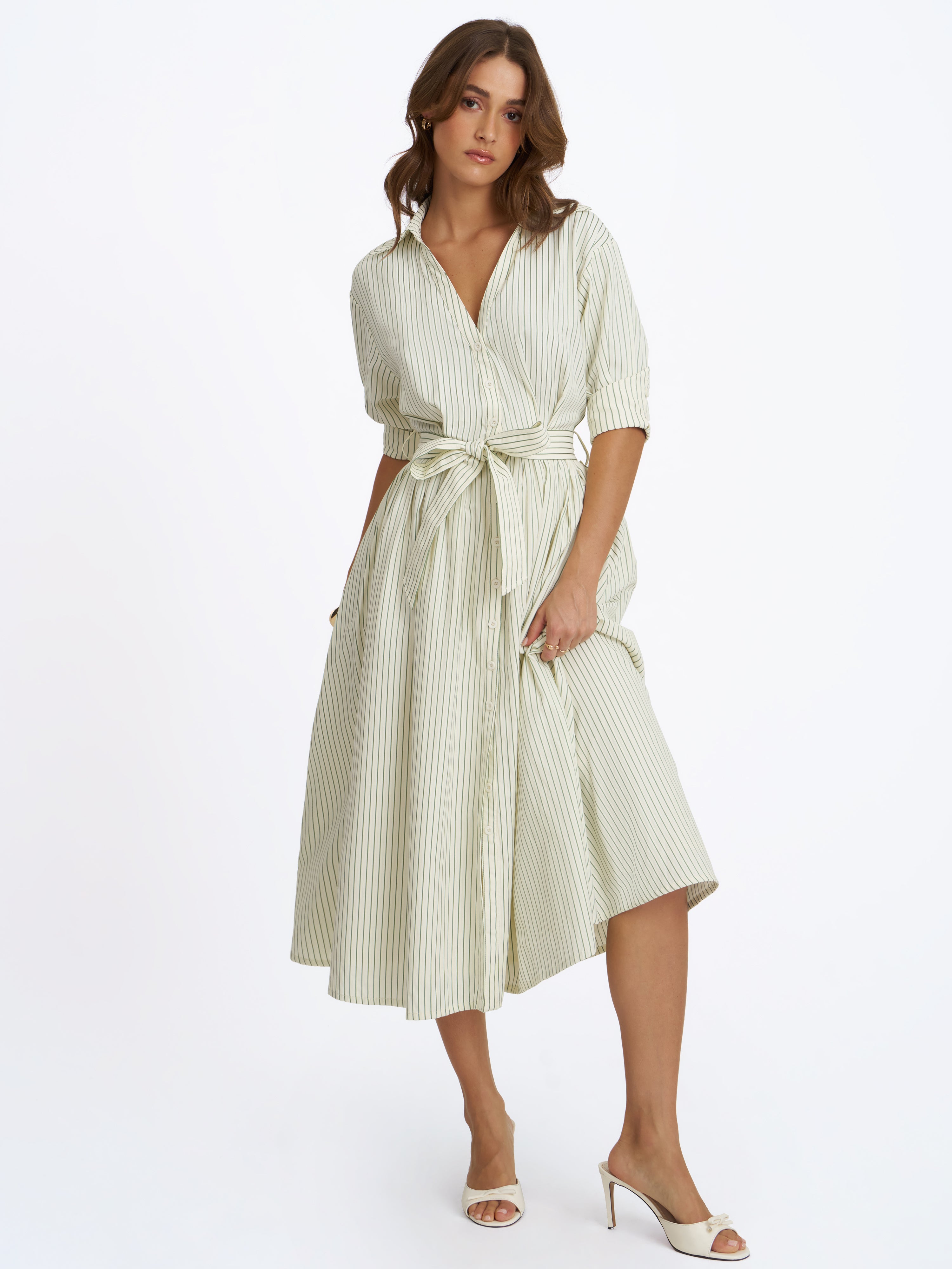 Danica Pine Green Bamboo Poplin Striped Shirt Midi Dress - L / US 8-10 Danica Pine Green Bamboo Poplin Striped Shirt Midi Dress - L / US 8-10