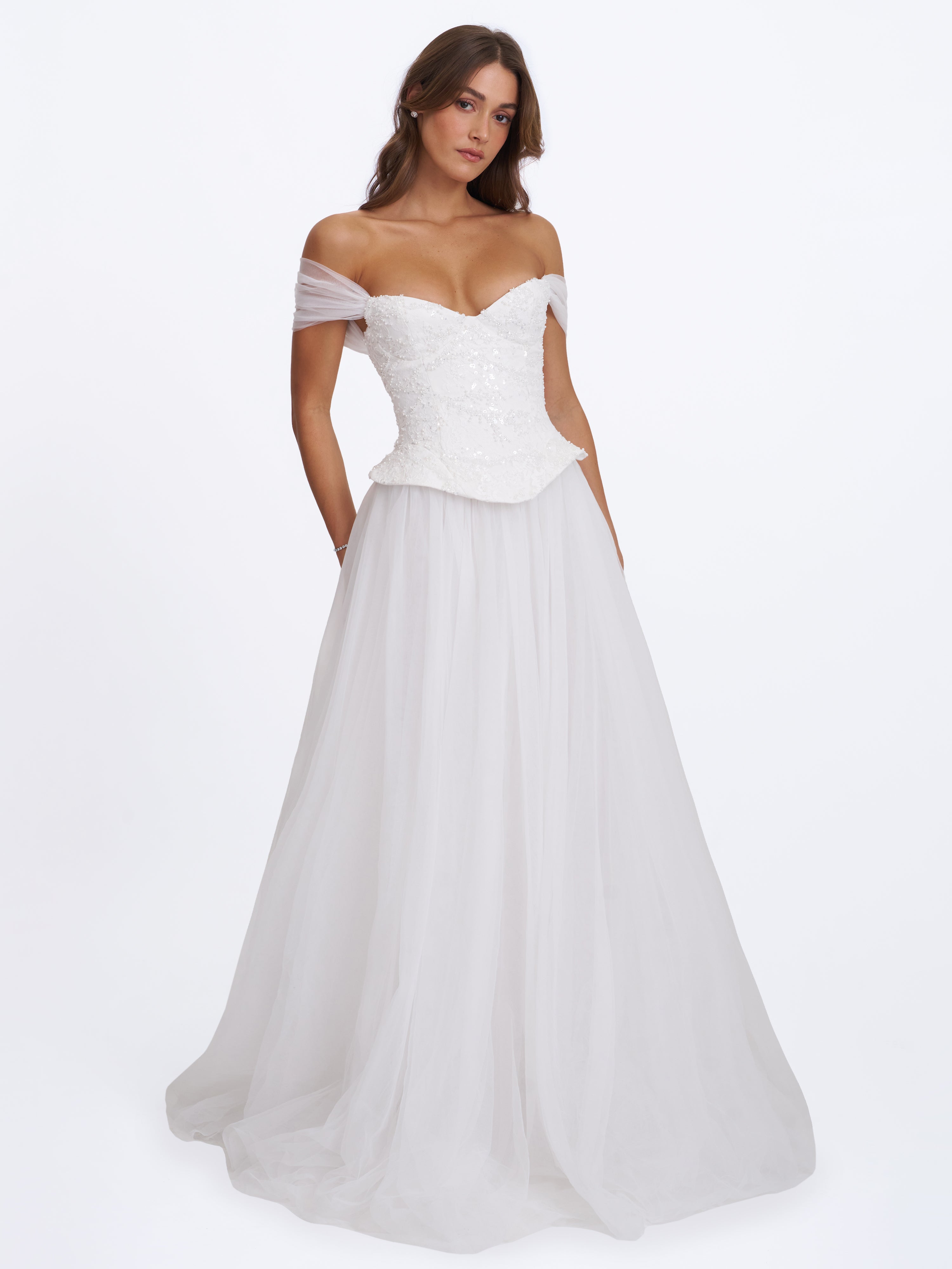 Jianna White Beaded Peplum Bardot Neckline Wedding Gown