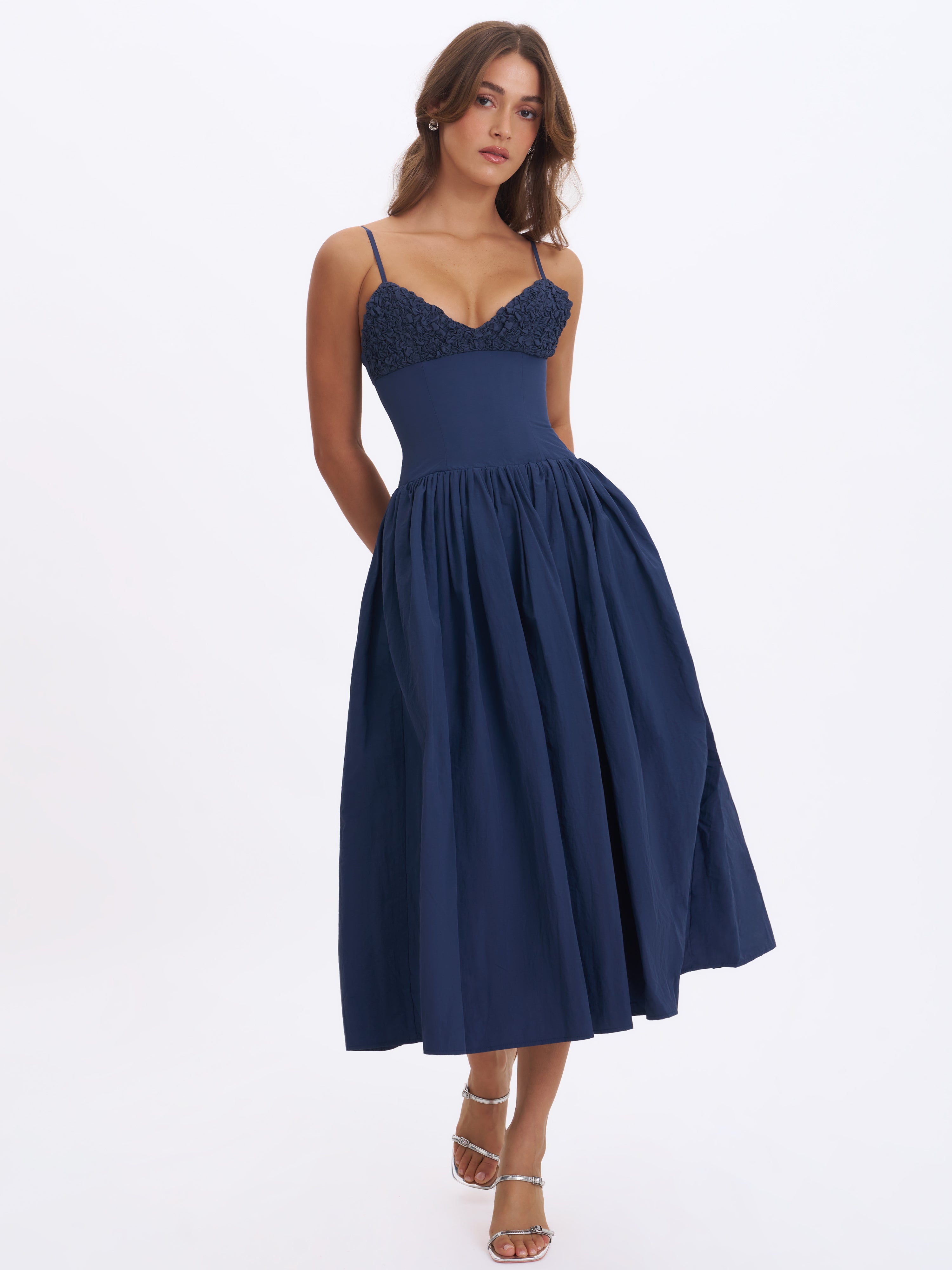 Ailani Navy Taffeta Smocked Midi Dress