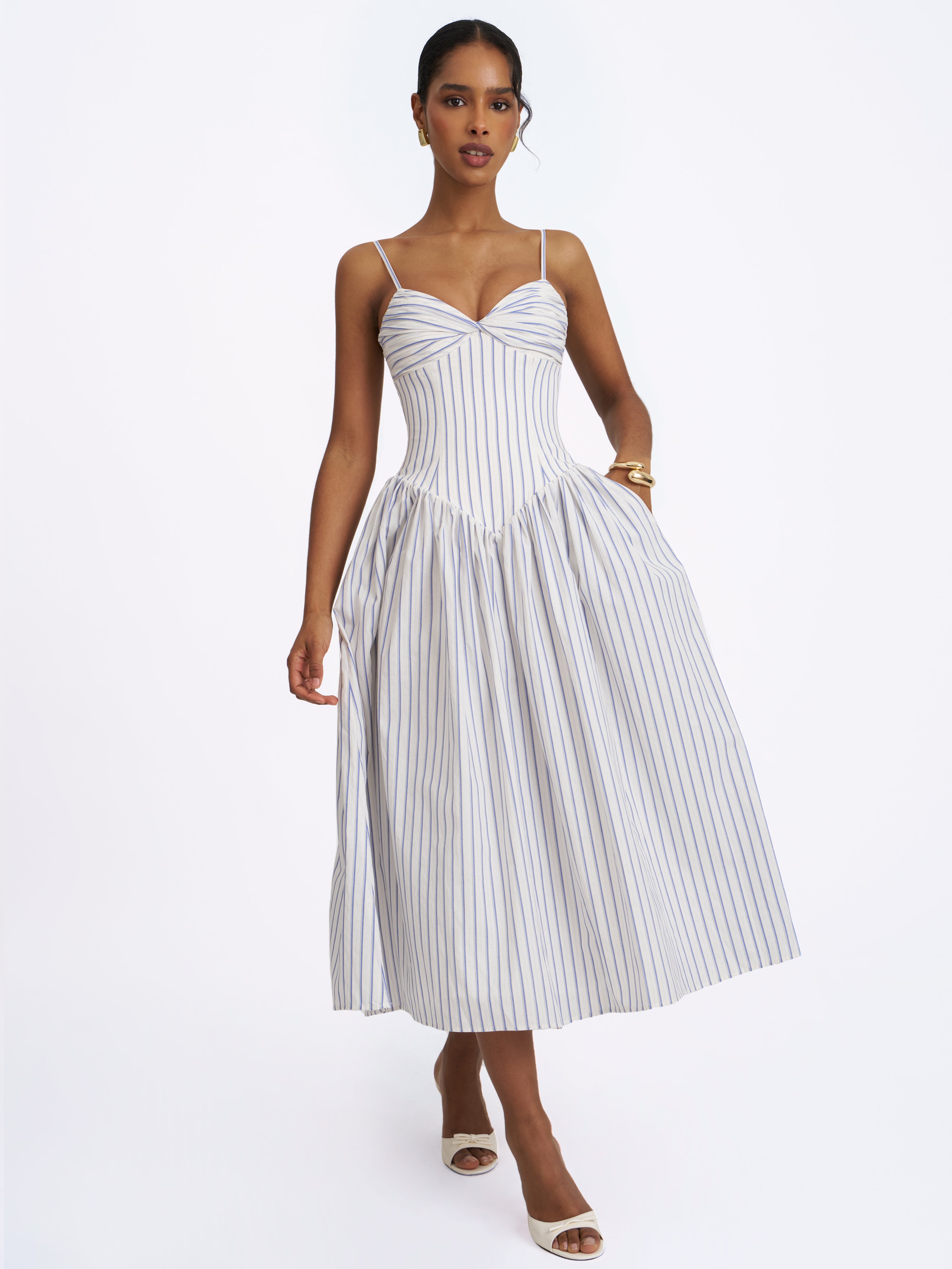 Olea Sky Blue Striped Cotton Poplin Ruched Midi Dress