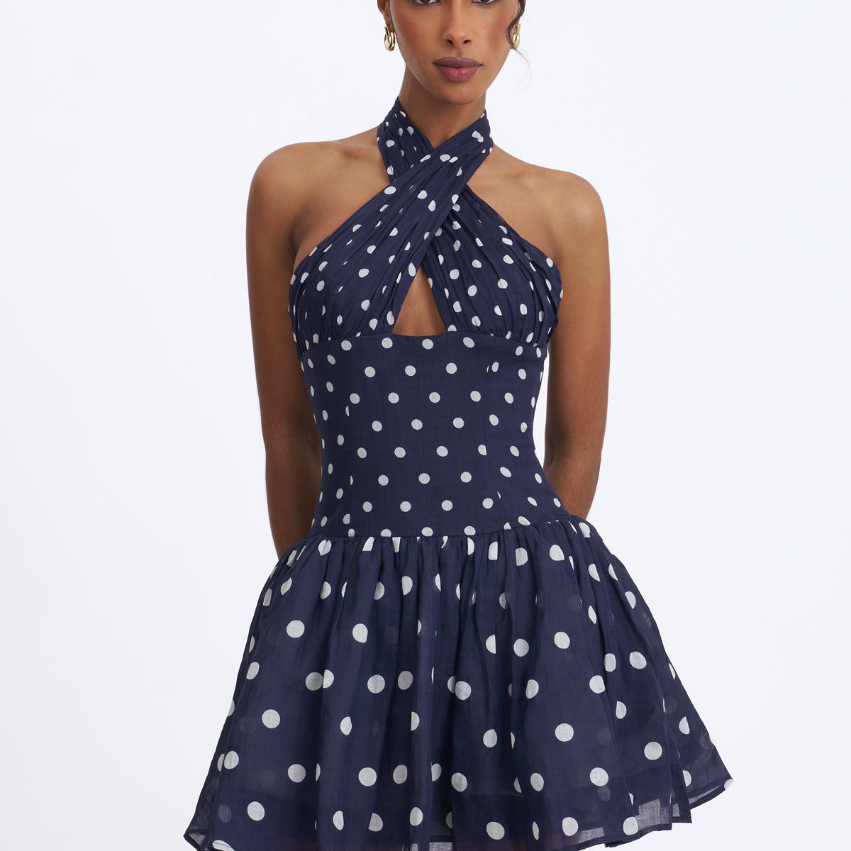Yamina Navy Polka Dot Ramie Crossover Halter Gathered Mini Dress