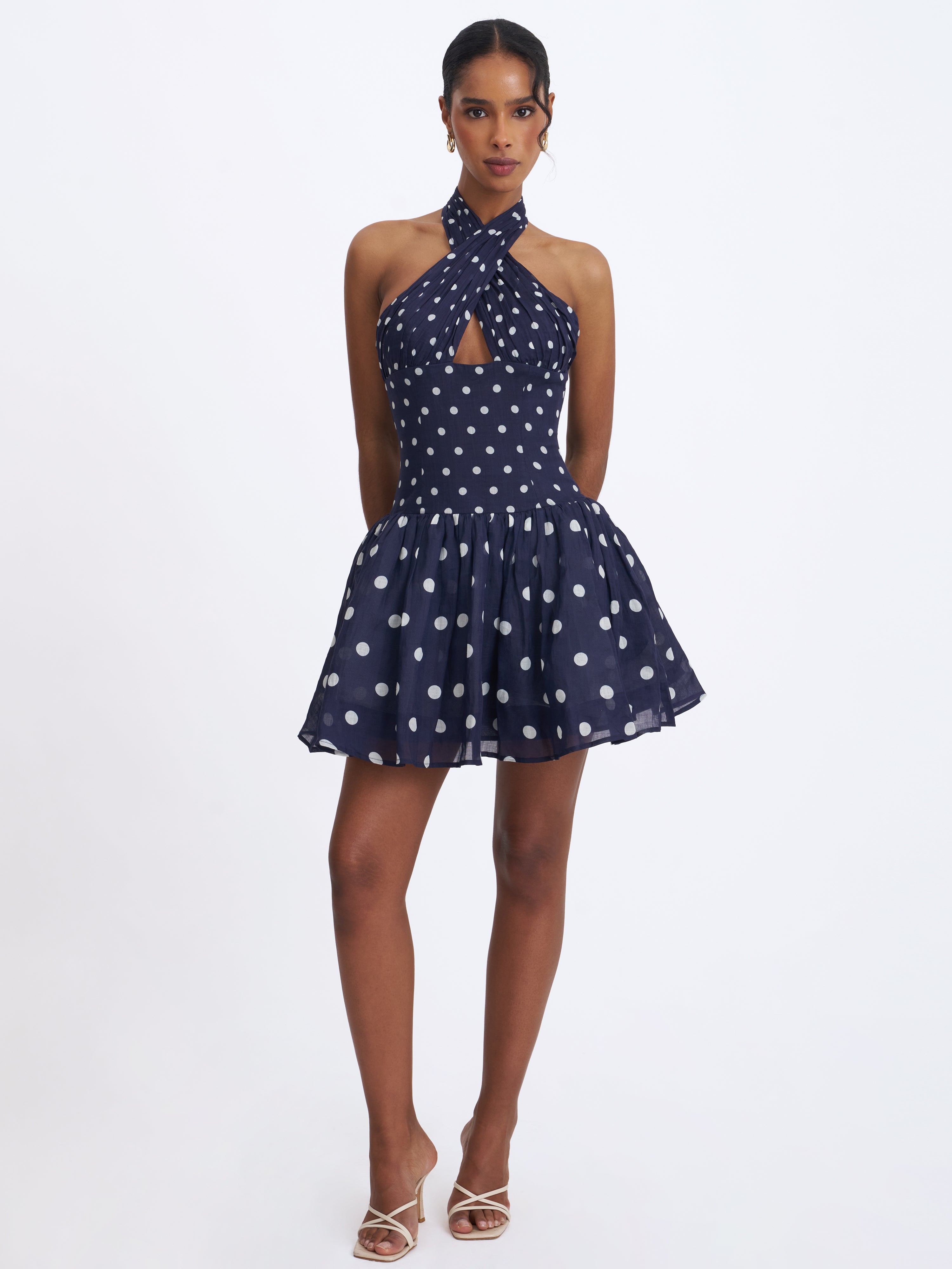 Yamina Navy Polka Dot Ramie Crossover Halter Gathered Mini Dress