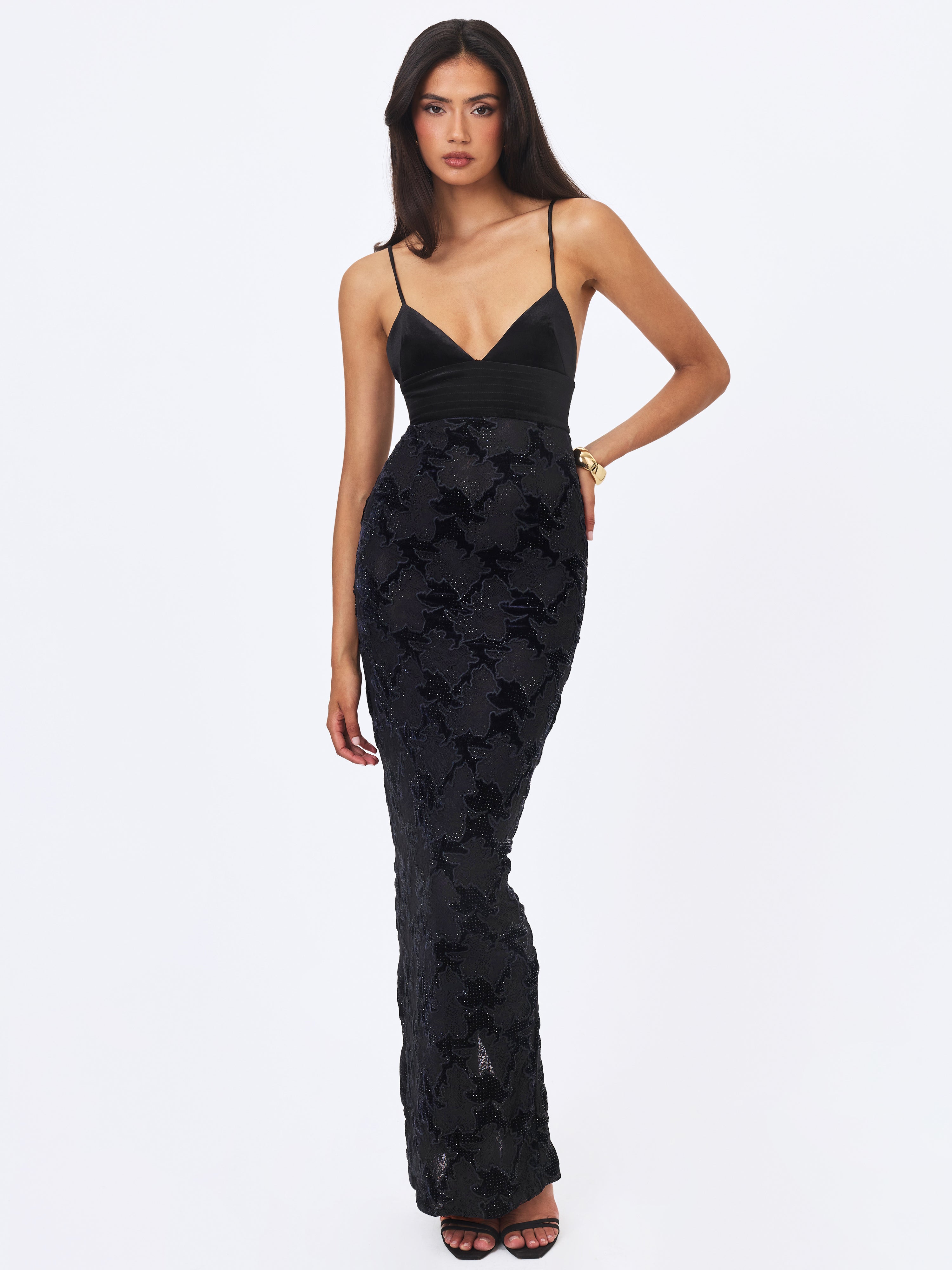 Quinsley Black Velvet Crystal Lace Maxi Dress