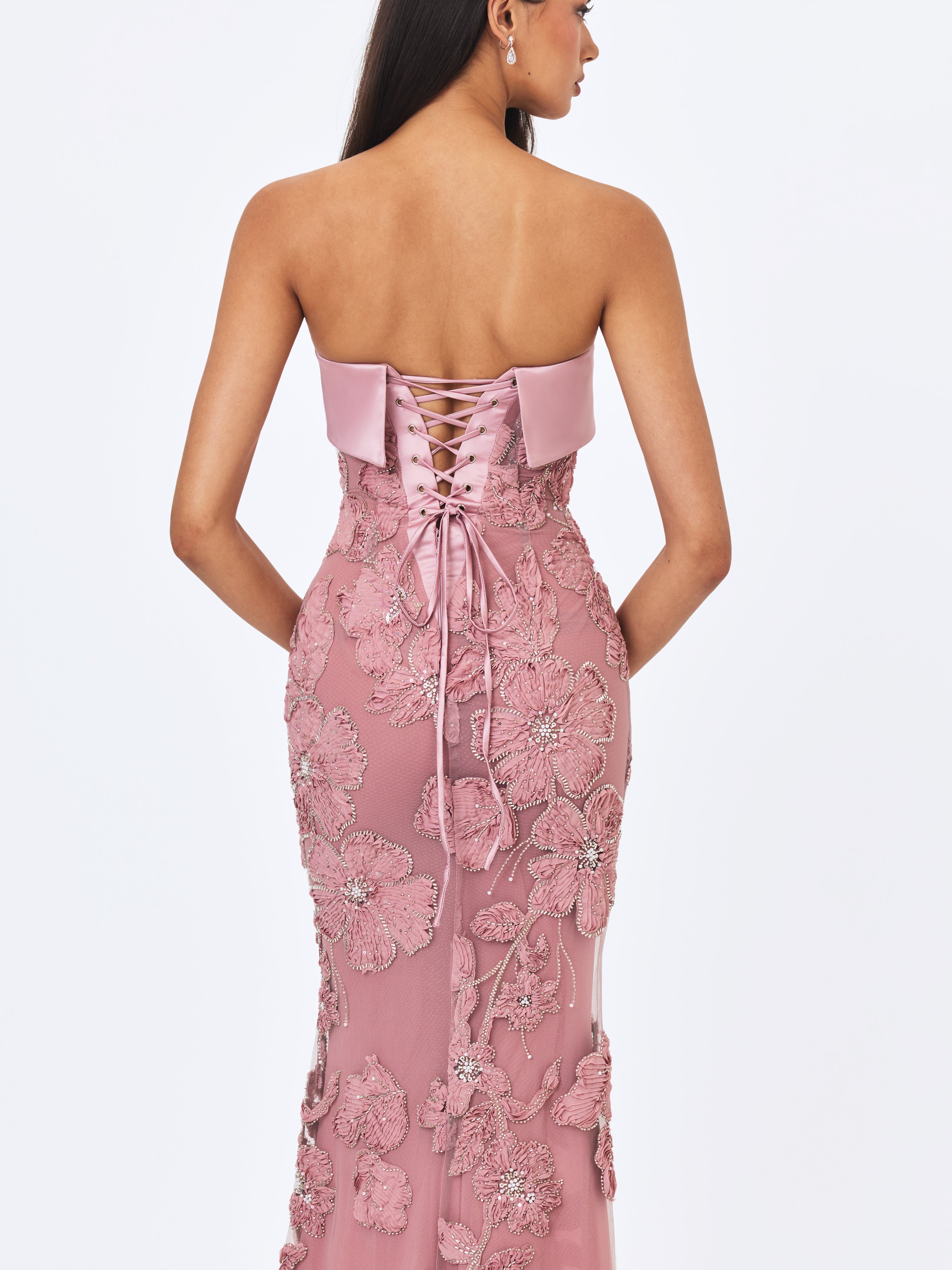 Raphaela Dusty Pink Beaded Floral Strapless Mermaid Maxi Dress