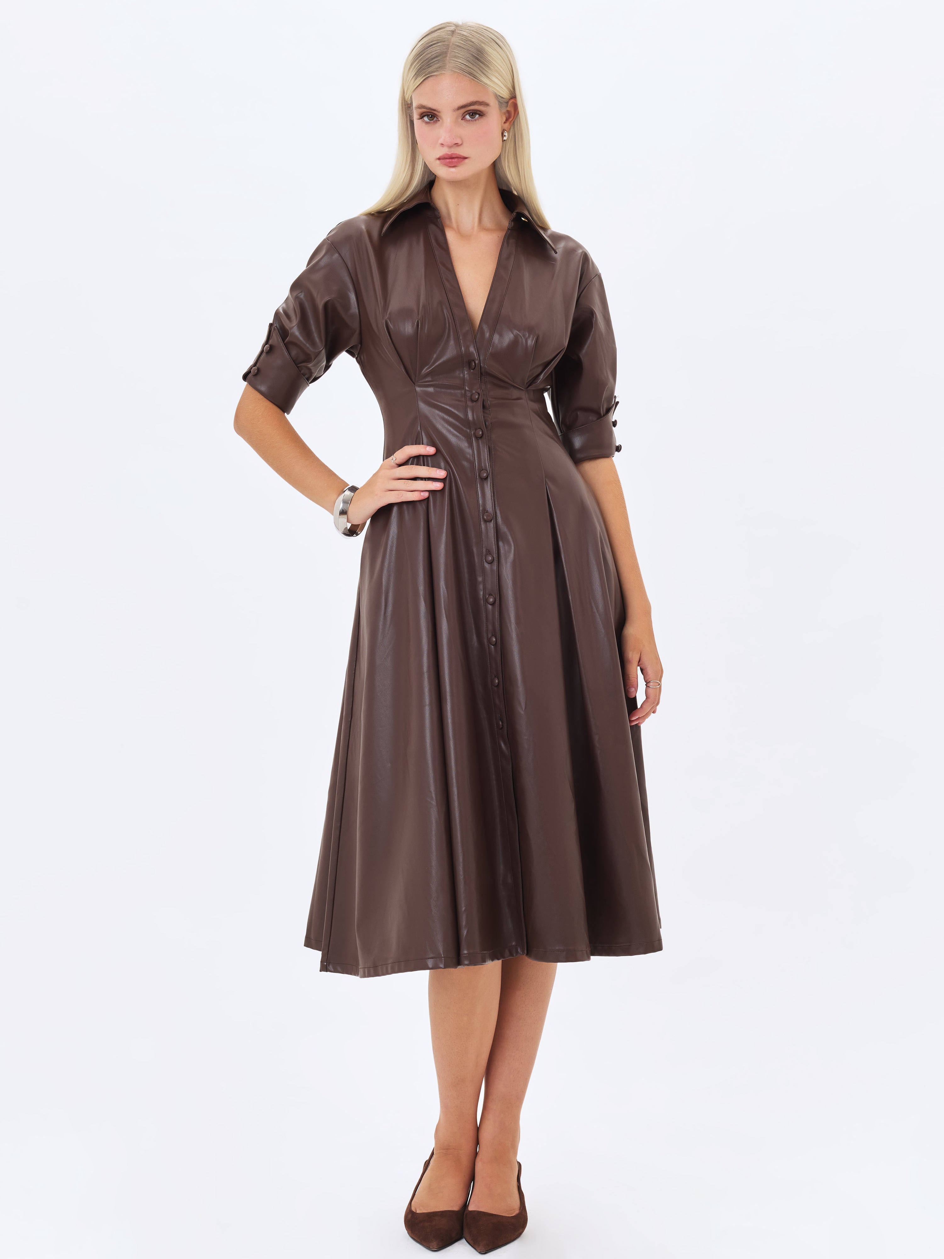 Vilda Espresso Brown Faux Leather Pleated Midi Dress
