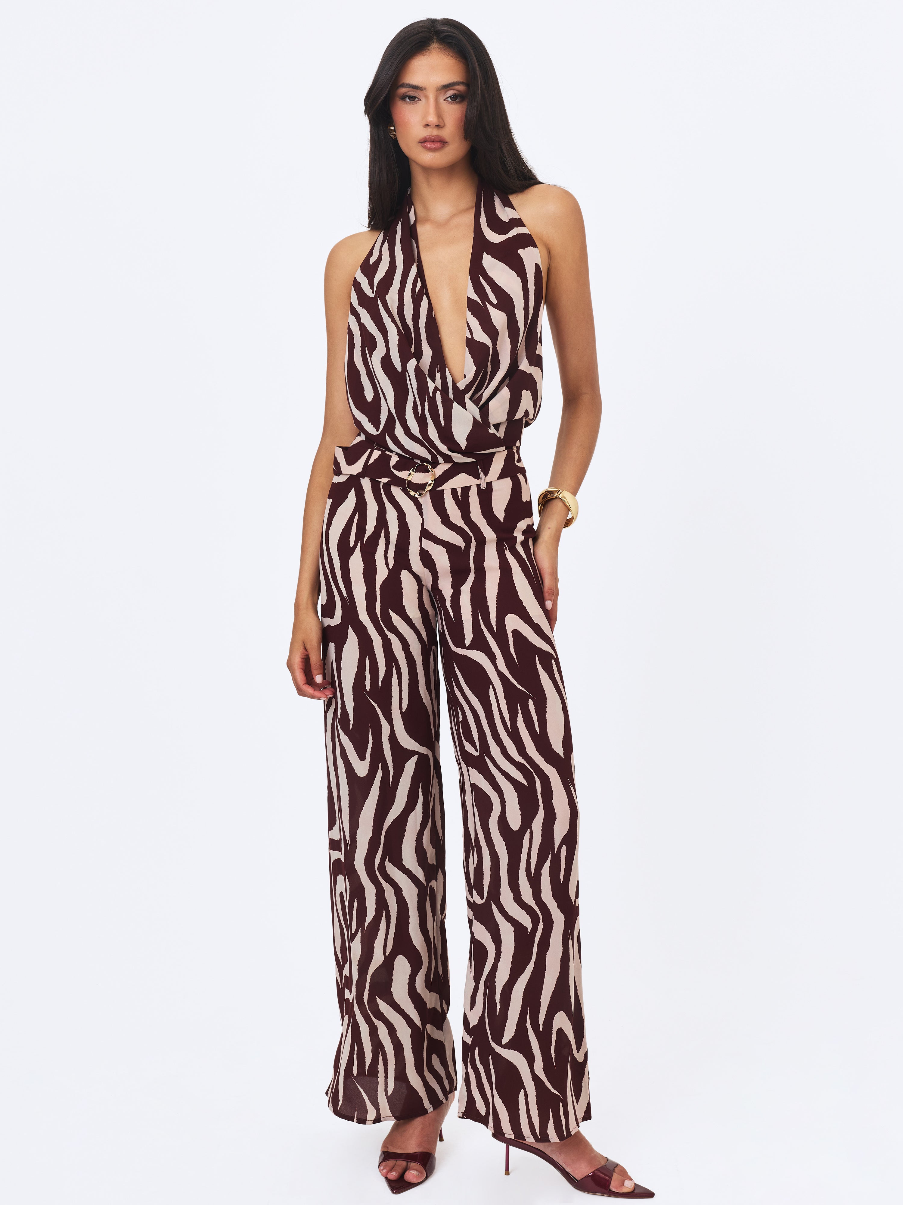 Ashlyn Burgundy & Beige Abstract Zebra Print Belted Halter Jumpsuit