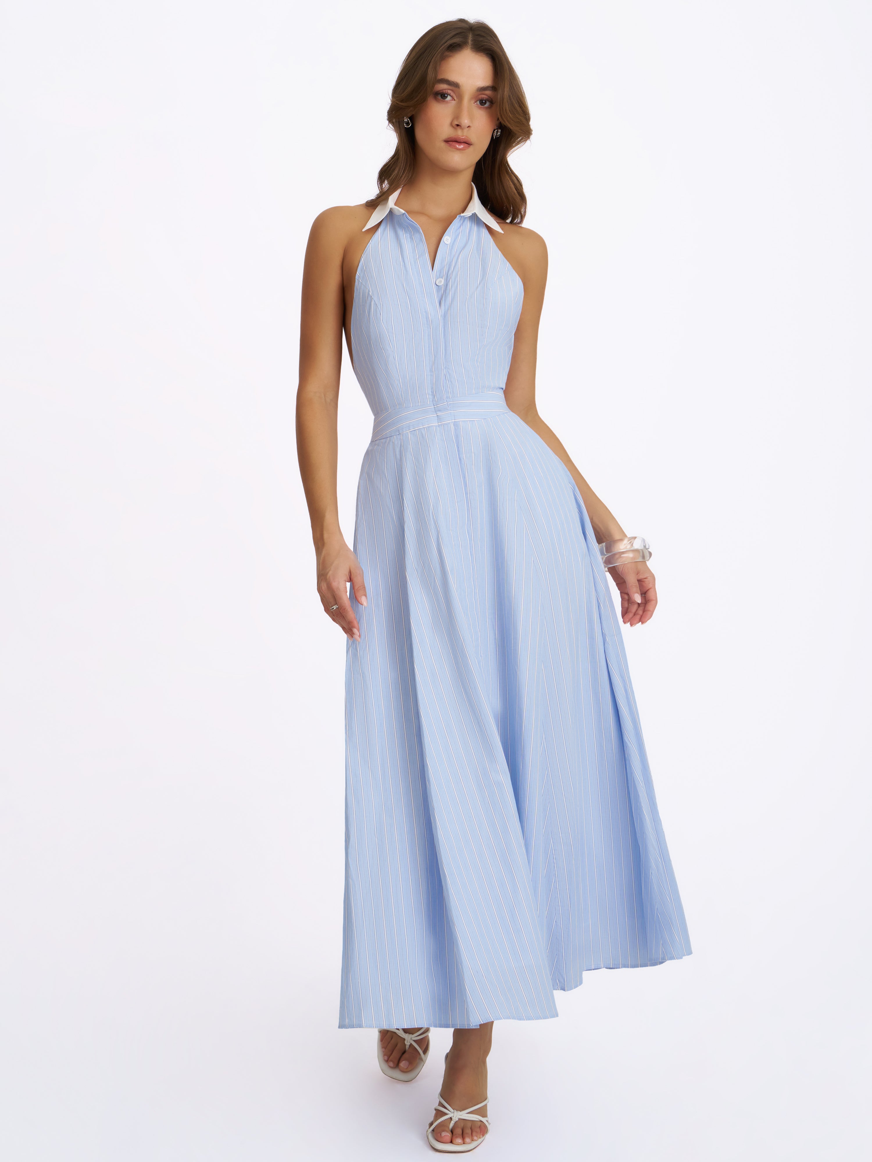 Winslet Sky Blue Striped Cotton Poplin Halter Maxi Dress