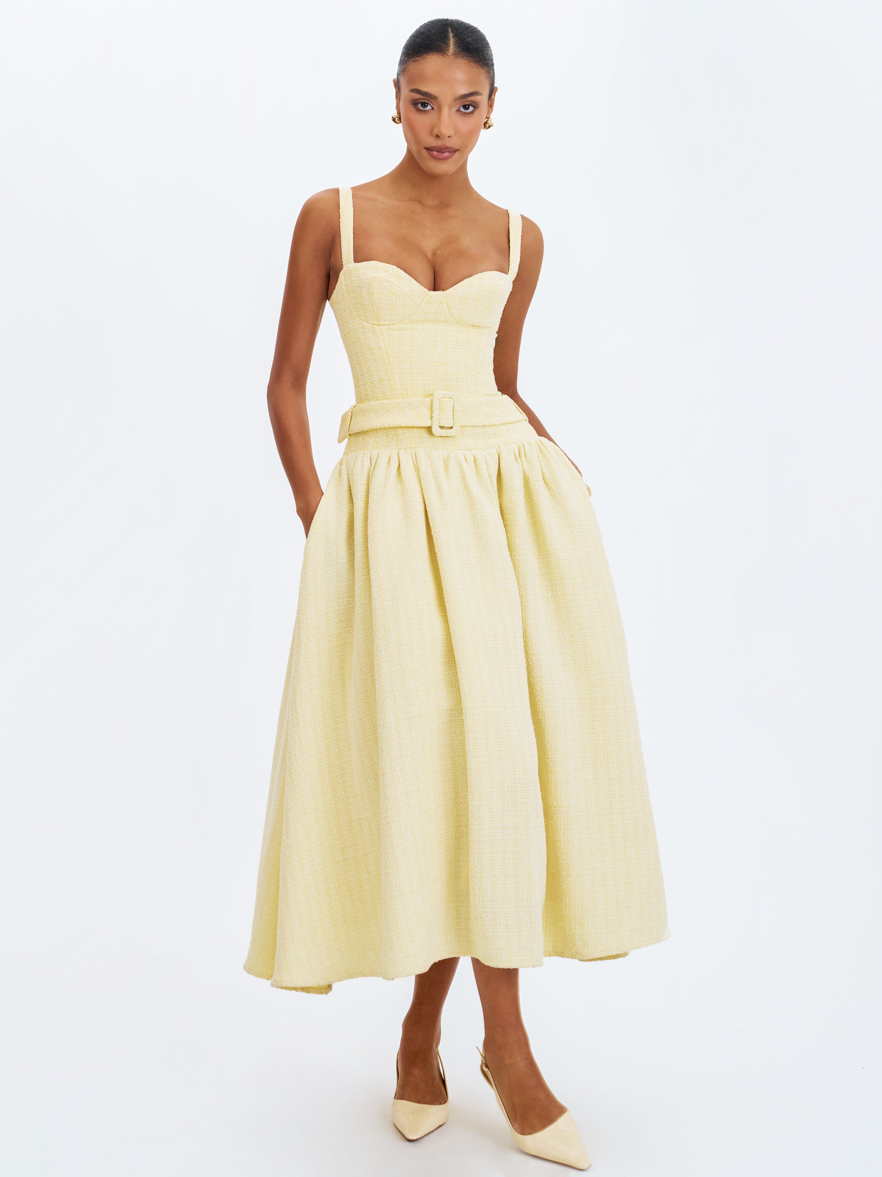 Tiana Butter Yellow Sweetheart Belted Midi Dress