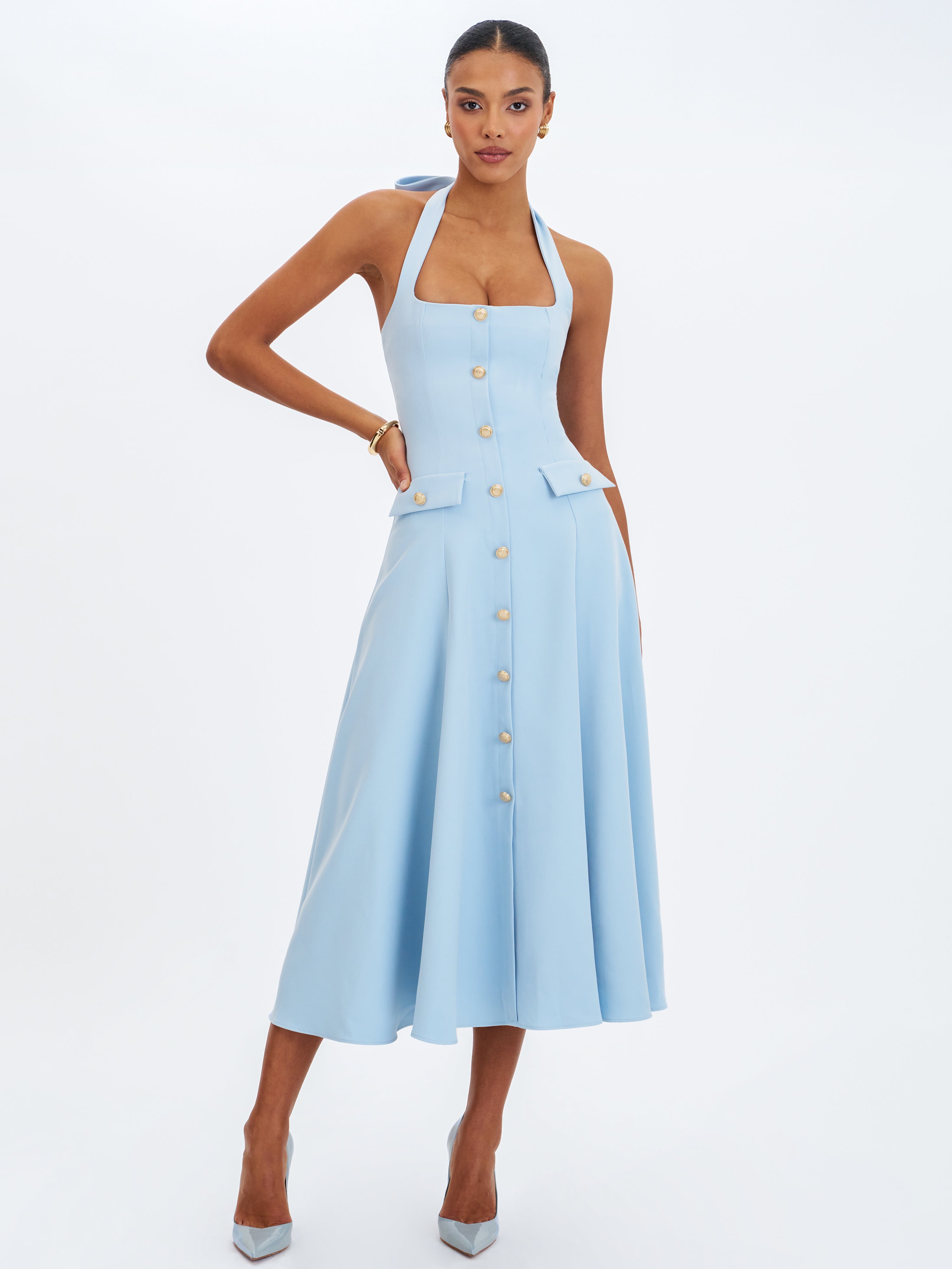 Gillian Mist Blue Halter A-Line Midi Dress