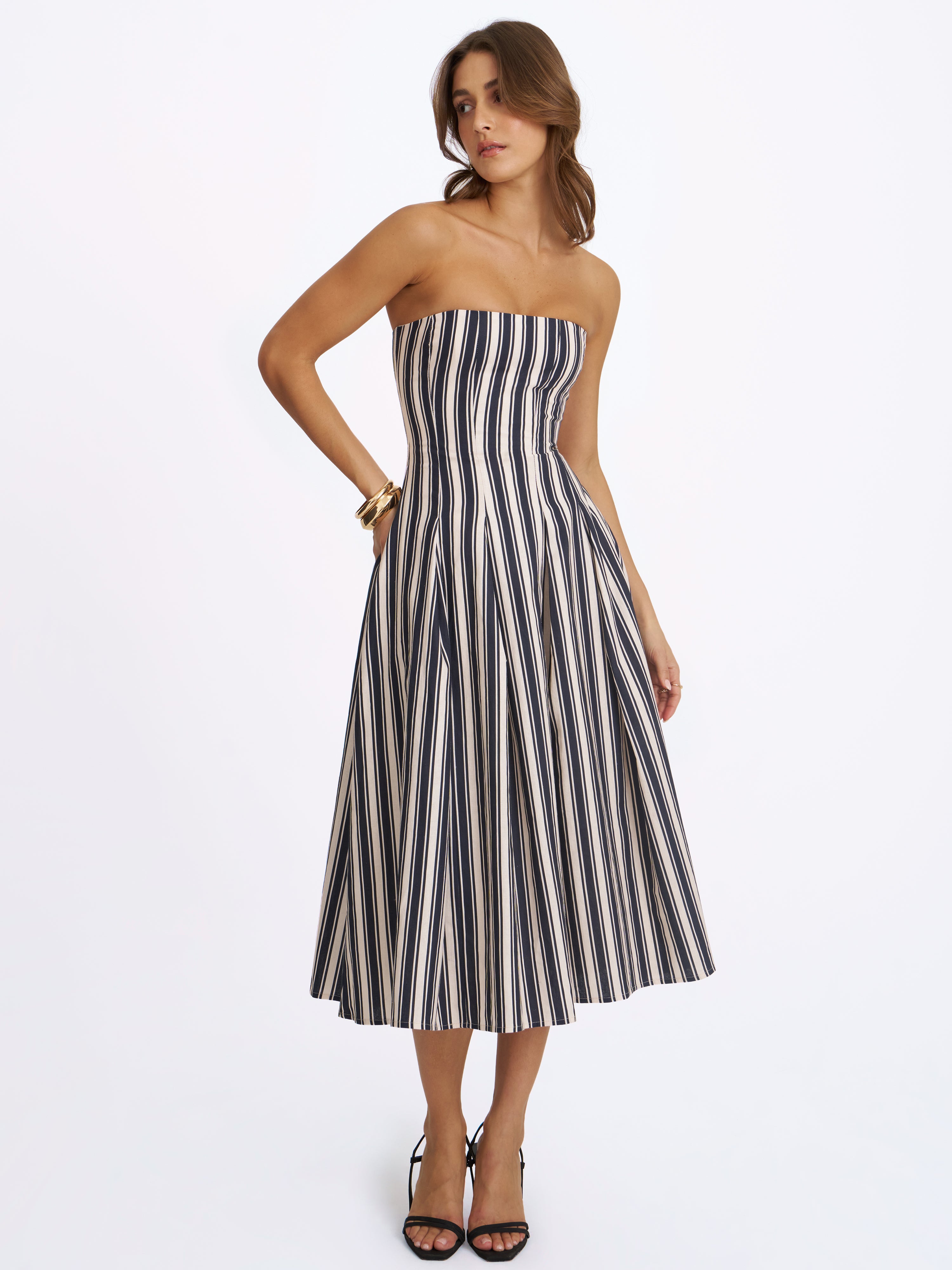 Wyanne Black & White Linen Striped Strapless Midi Dress