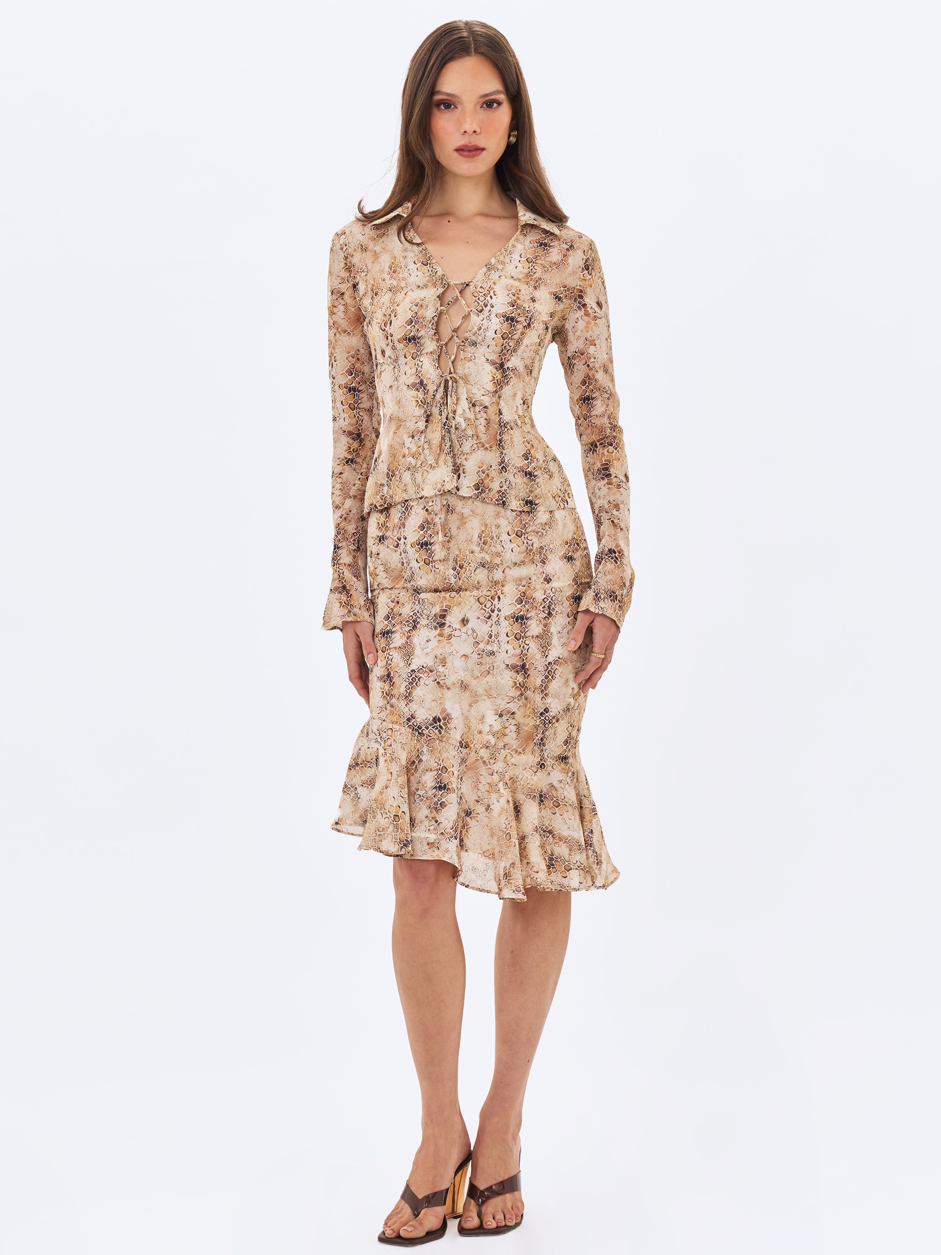 Umara Tan Reptile Print Chiffon Tie-Front Top