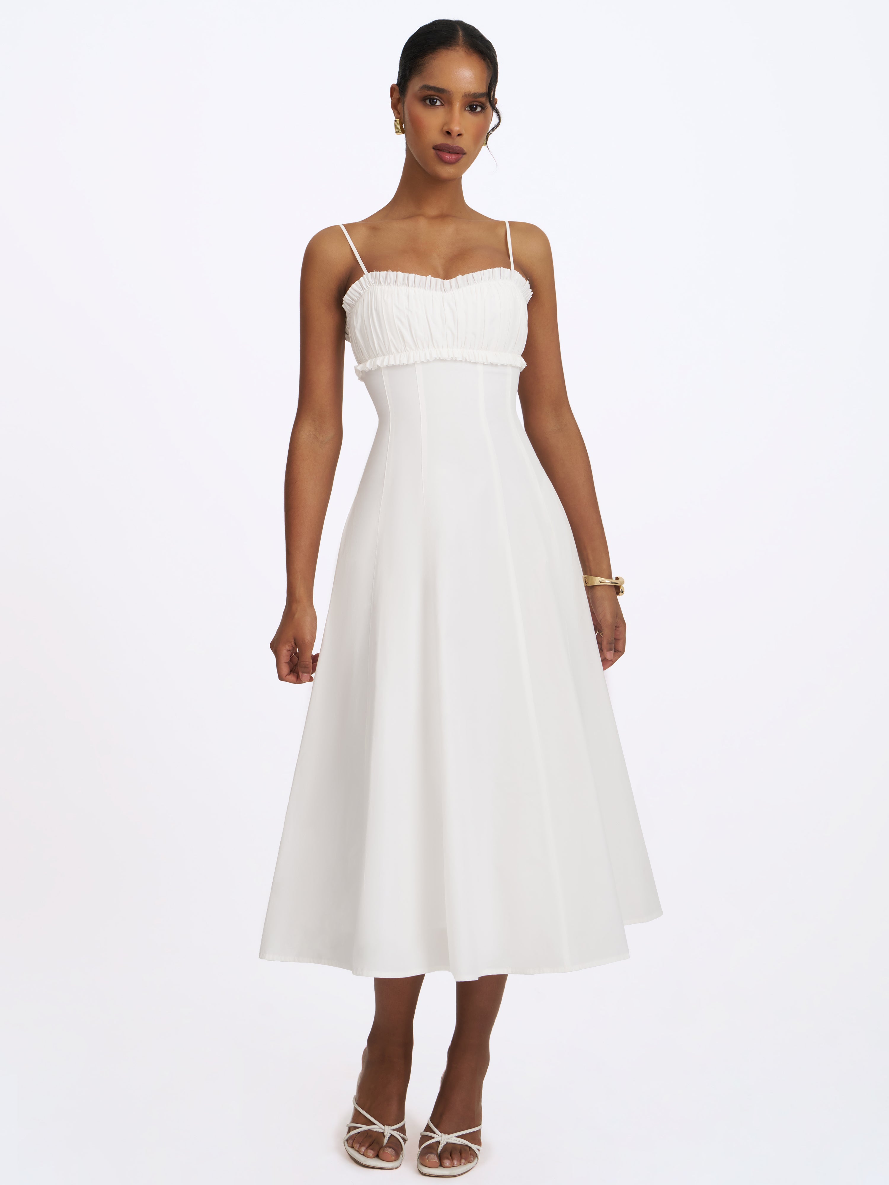 white cotton shirtwaist dress Vicenta White Cotton Poplin Ruched Midi Dress