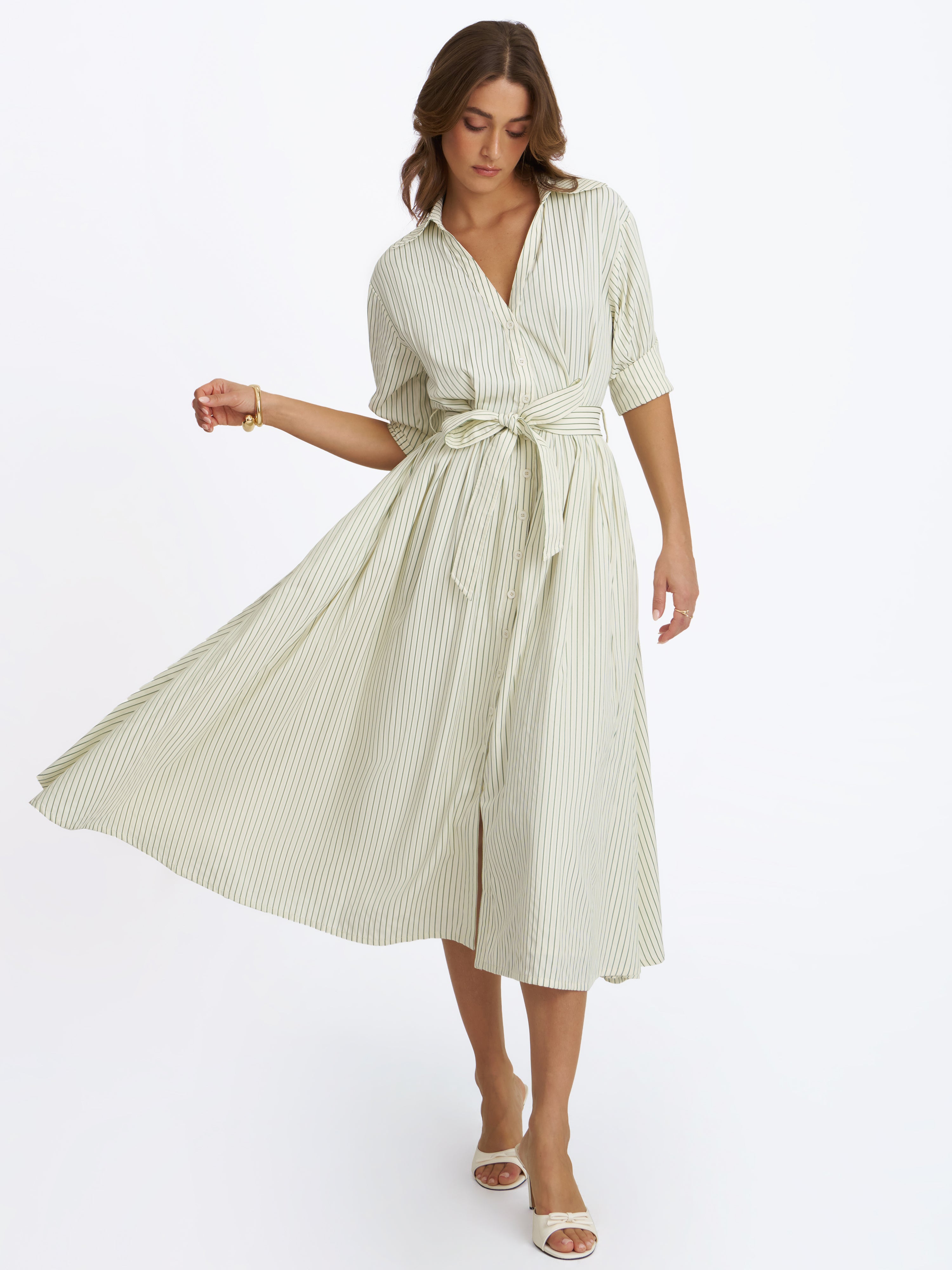 Danica Pine Green Bamboo Poplin Striped Shirt Midi Dress