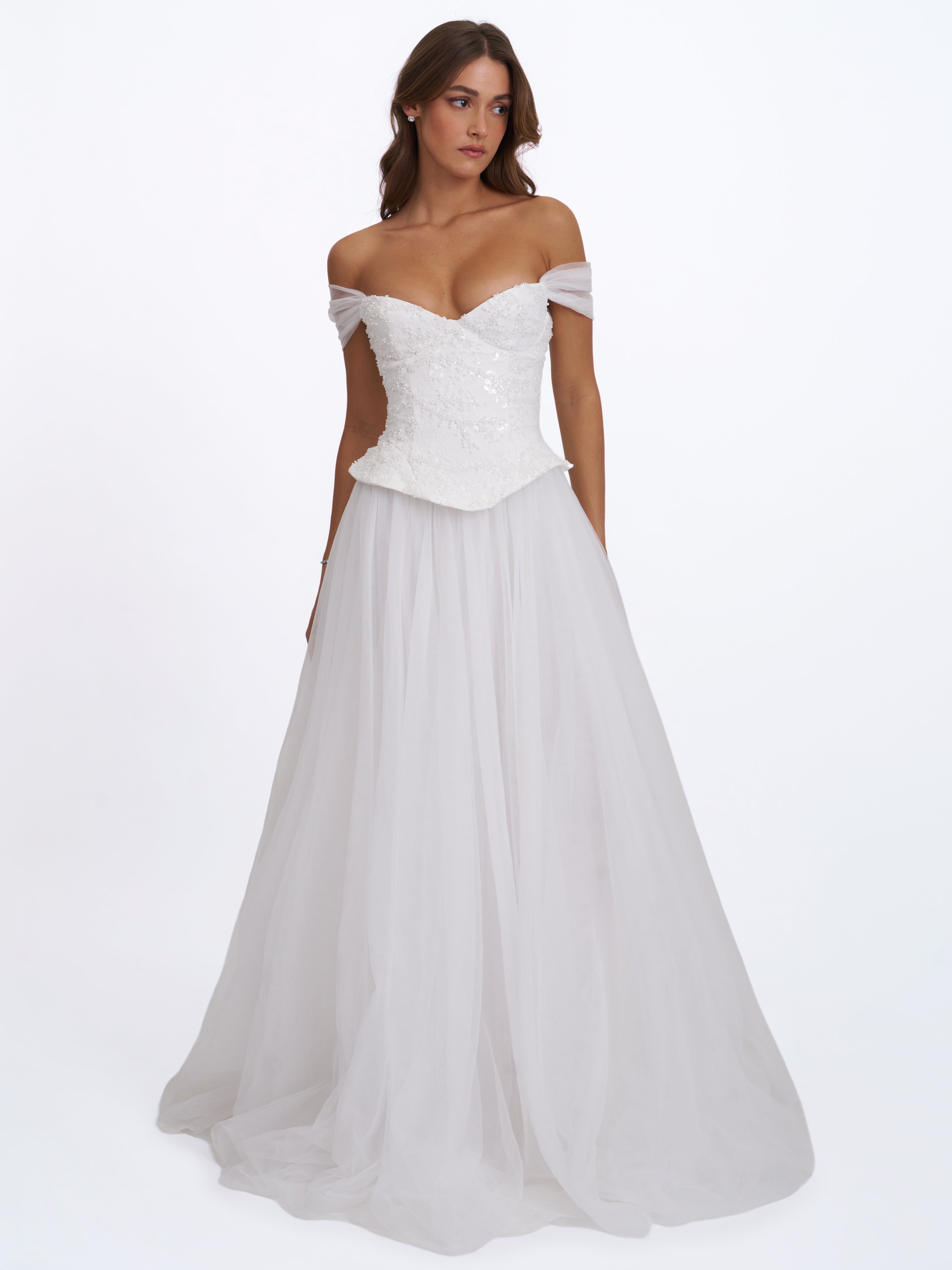 Jianna White Beaded Peplum Bardot Neckline Wedding Gown