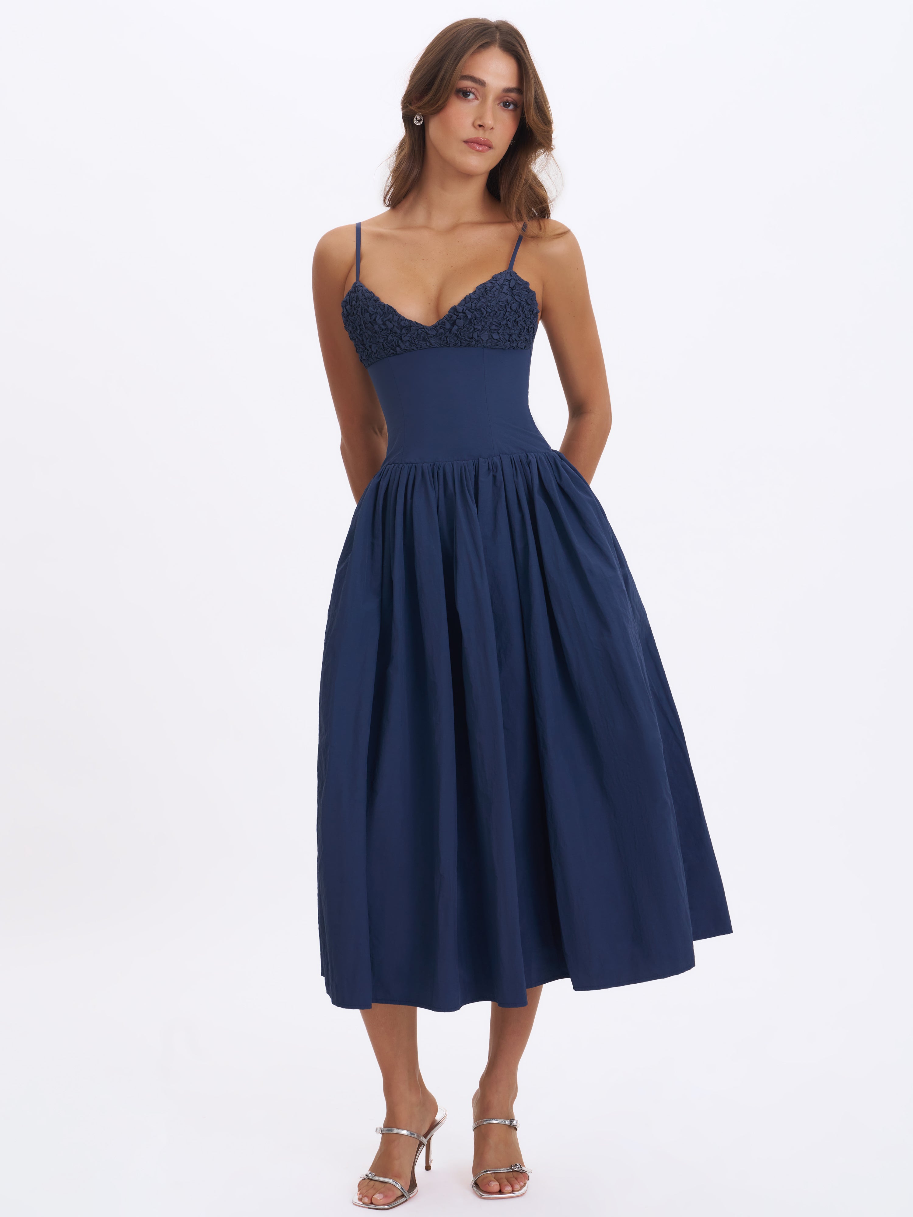 Ailani Navy Taffeta Smocked Midi Dress